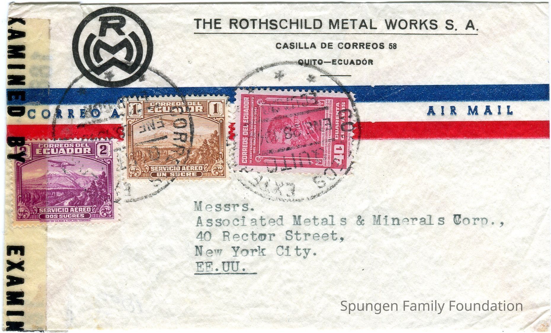 c.1940s, Front side - Envelope from Rotschild Metal Works in Ecuador to New York City, United States.: Beige envelope with printed text in English using black ink. Typed text in English using black ink is present. Three stamps appear at the center left. One purple 2-sucres, one brown 1-sucre, and one pink 40-centavos stamp appears. Overtop, two cancellations dated January 28 are present, though the year is illegible. It is between 1940 and 1949. At the top left corner, a printed emblem from the Rothschild Metal Works company.