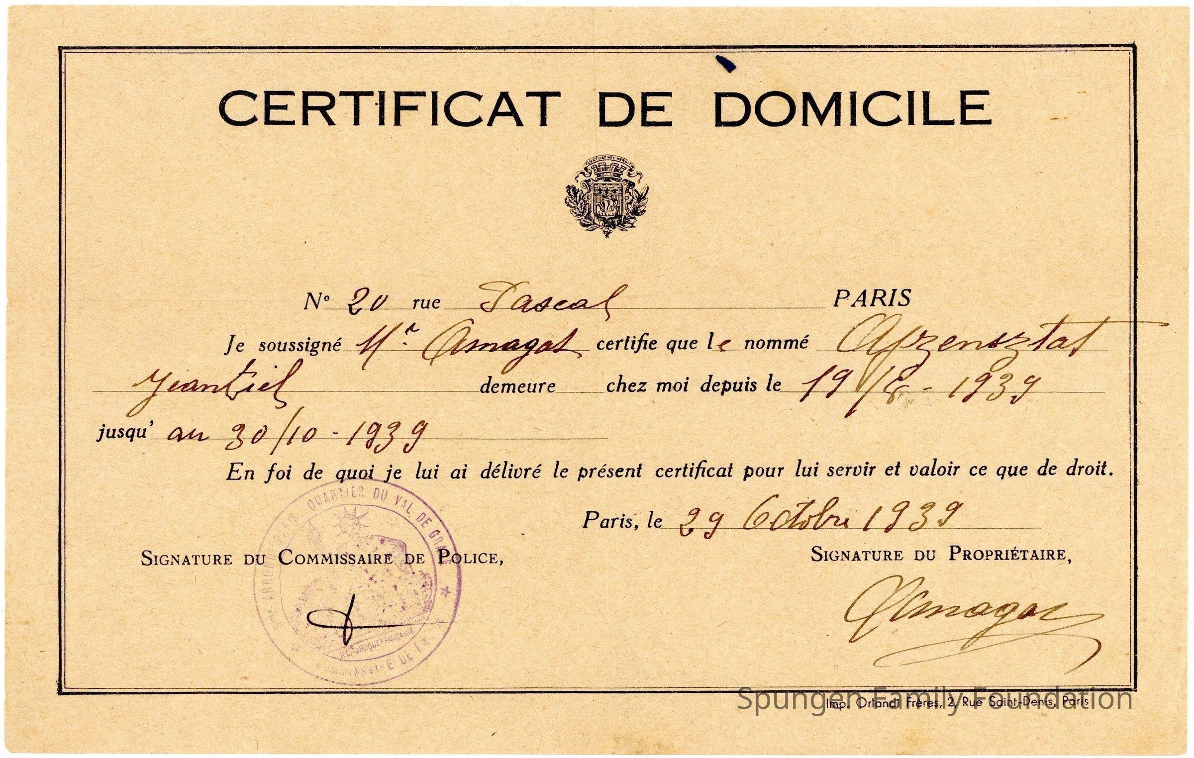 1939 October 29, Front side - Certificate of residence in Paris.: Tan certificate with printed text in French using black ink. Cursive handwriting in French using black ink is present At the top center, the Coat of Arms of Paris appears. At the bottom left, a purple overprint stamp depicting the Great Seal of France with a signature or marking overtop in black ink.