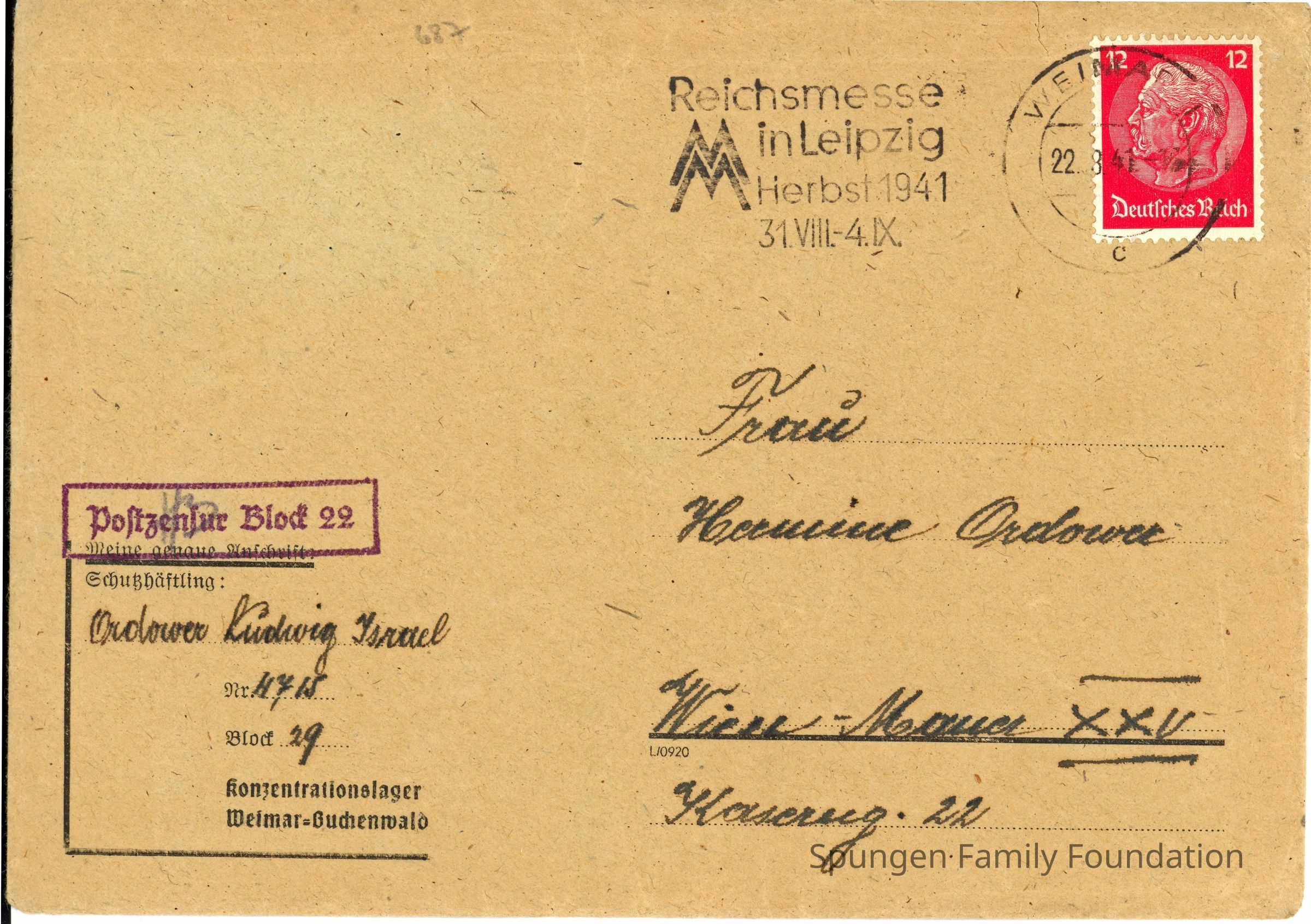 1941 August 17, Front side - Envelope from Buchenwald concentration camp. 2007.3.10.b: Tan envelope with printed text and outline in German using black ink. Cursive handwriting in German using black ink is present. At the top right is a red 12-pfennig stamp depicting President Paul von Hindenburg facing to the left. Overtop is a cancellation dated August 22, 1941. Directly to the left is a machine stamp which states "Reichsmesse in Leipzig Herbst 1941". There is a logo with two letter M's positioned on top of the other. At the center left is a purple postal censorship stamp.