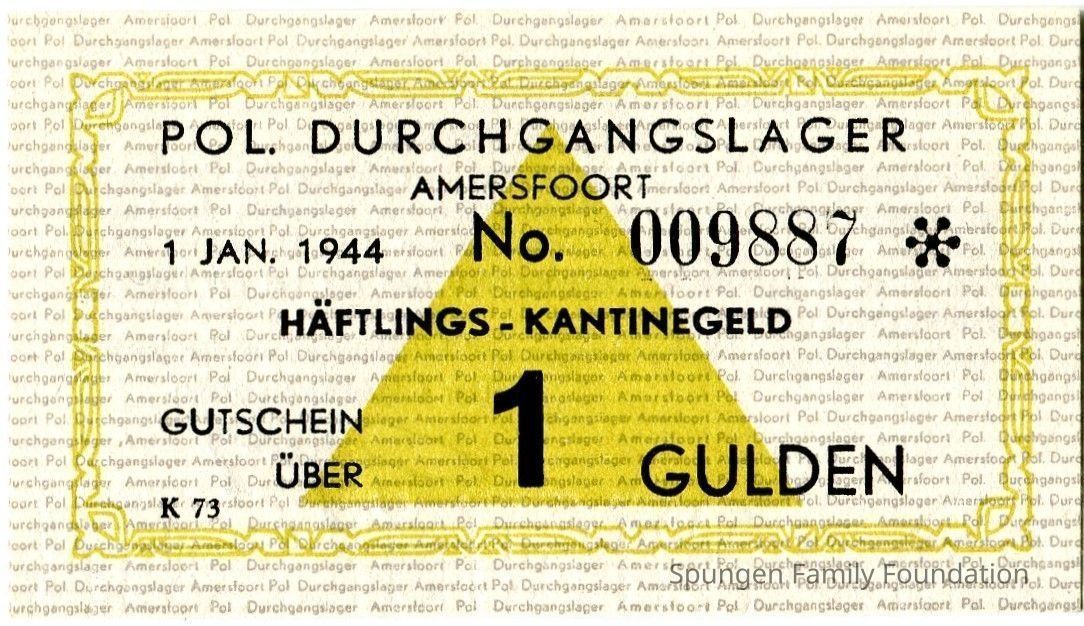 1944 January 1, Front side - Scrip worth 1-gulden from Amersfoort concentration camp.: Tan paper with printed text and outline in gray, black, and yellow ink. The background of the scrip presents the text, "Amersfoort Pol Durchgangslager" repeated. At the center, a yellow triangle with a yellow decorated border surrounding the black ink text.