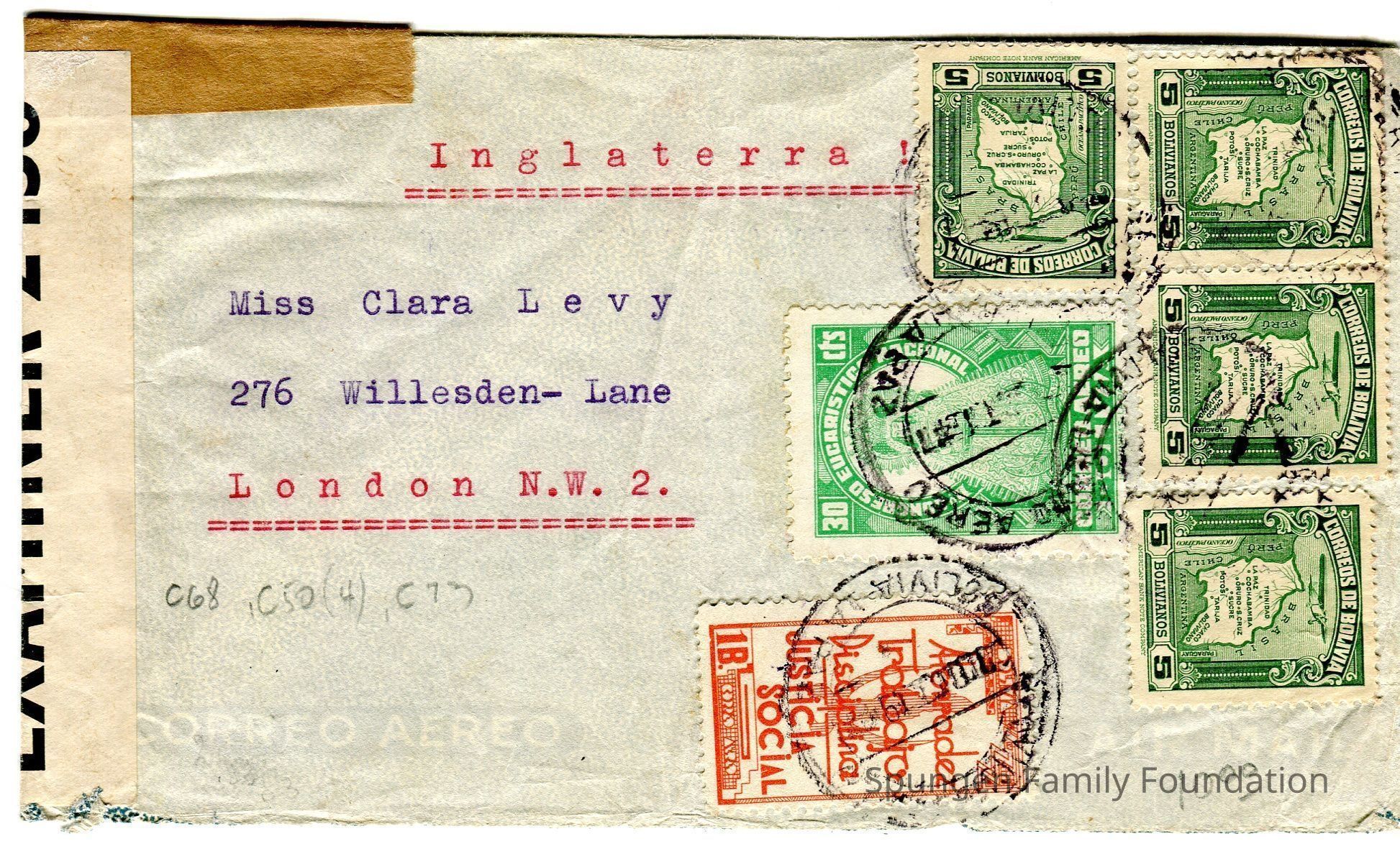 1941, Front side - Envelope from Carlos Bramson of La Paz, Bolivia to Miss Clara Levy in London, England.: Beige envelope with typed text in purple and red ink. At the right side, six stamps appear. Four stamps are green 5-bolivianos stamps. One green 30-centavos stamp and one orange 1-bolivianos stamp is present. Overtop, black ink cancellations are present dated 1941, though otherwise illegible.