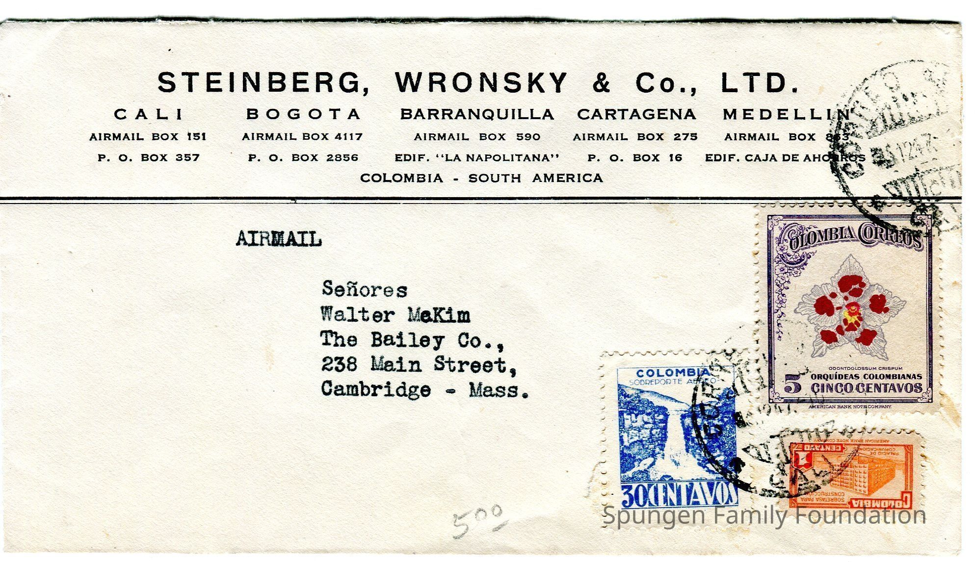 1947 December, Front side - Envelope from Steinberg, Wronsky & Co., to Walter McKim in Massachusetts.: Beige envelope with printed text and outline in English and Spanish using black ink. Typed text in English using black ink is present. At the right side, three stamps appear. One purple 5-centavos stamp depicting a flower is present. A blue 30-centavos and orange 1-centavo appears. Overtop, a cancellation dated December 1947 appears.