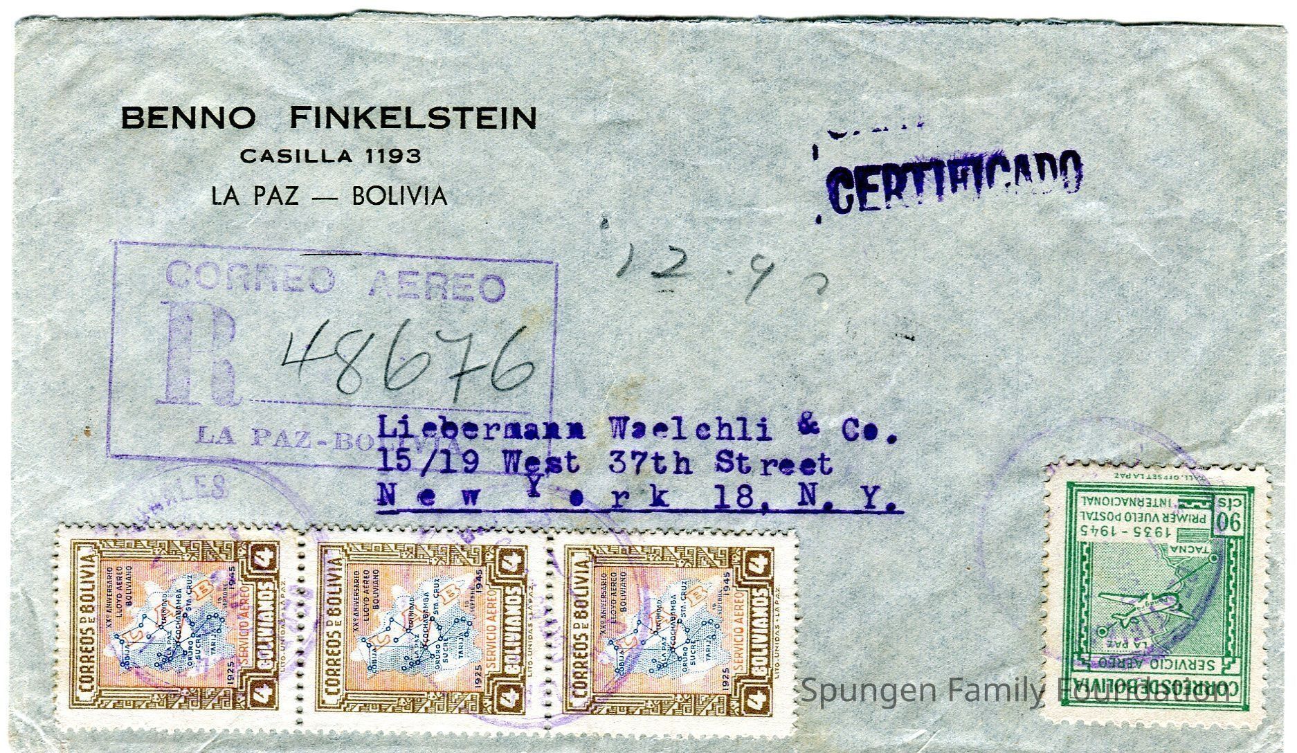 1946 September 17, Front side - Envelope from Benno Finkelstein in La Paz, Bolivia to New York, United States.: Blue envelope with printed text in Spanish using black ink. Typed text in English using purple ink is present. At the bottom, four stamps appear. Three are brown and red 4-bolivianos stamps. One is a green 90-centavos. Overtop, are three purple ink cancellations though illegible.