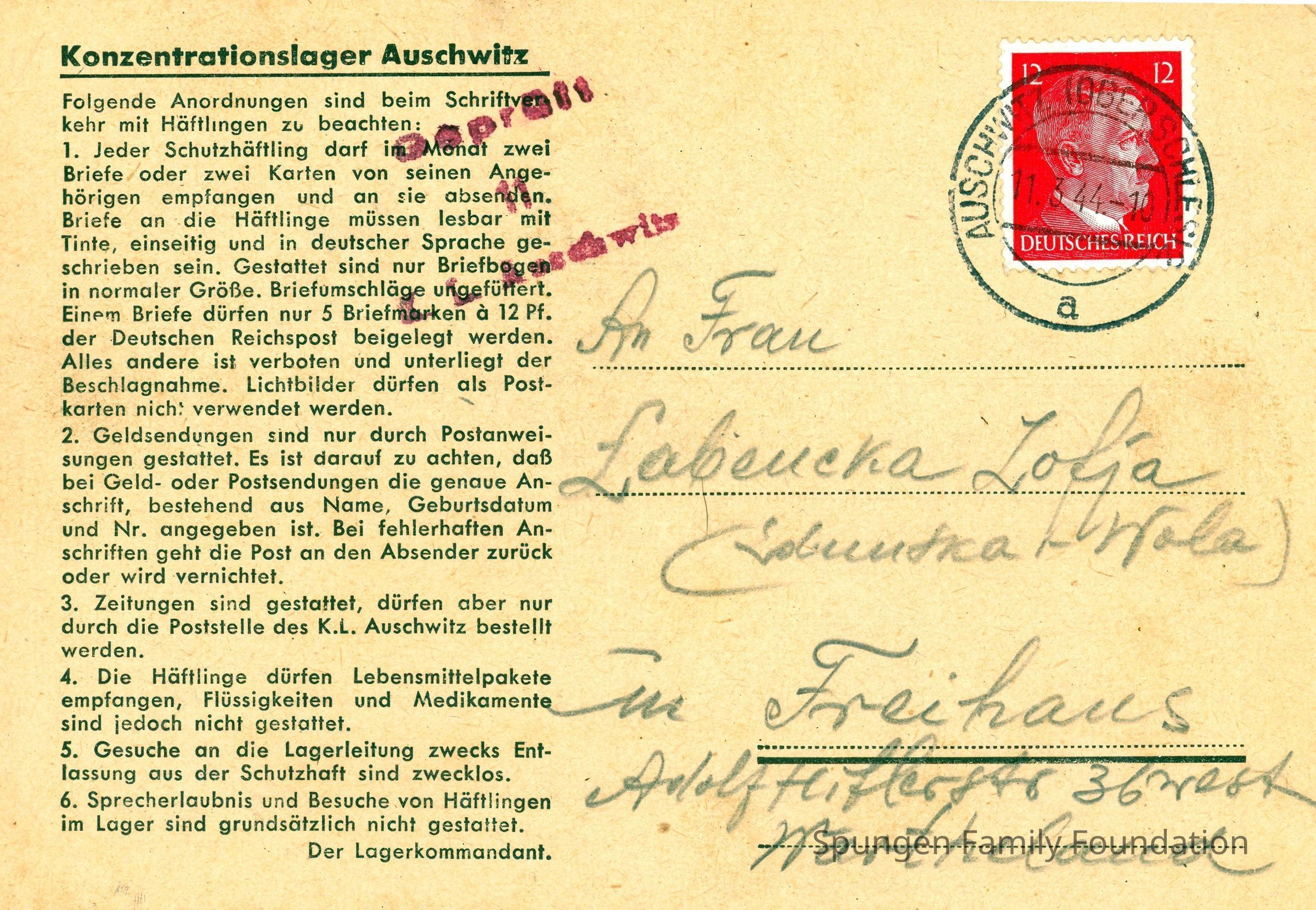 1944 March 11, Front side - Envelope from Auschwitz printed notice about Easter parcels.: Tan envelope with printed text and outline in German using black ink. Cursive handwriting in pencil is present at the center right. At the top right is a red 12-pfennig stamp depicting Adolf Hitler. Overtop, a black ink cancellation dated March 11, 1941 appears. At the top center is a purple overprint stamp.