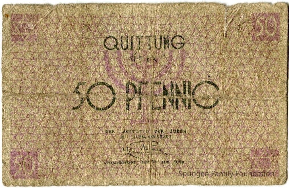 1940 May 15, Front side - Scrip worth 50-pfennig from Łódź (Litzmannstadt) Jewish ghetto.: Brown paper with printed text, outline, and illustration in purple and black ink. At the center, the text reads, "QUITTUNG / UBER / 50 PFENNIG" in black ink. At the center, a depiction of a menorah in purple ink. At the top left and bottom right corners, the Star of David is present. At the top right and bottom left corners, the number "50" in purple ink. The background exhibits a purple triangular pattern. At the bottom center, text reads, "LITZMANNSTADT, DEN 15 MAI 1940" in black ink.