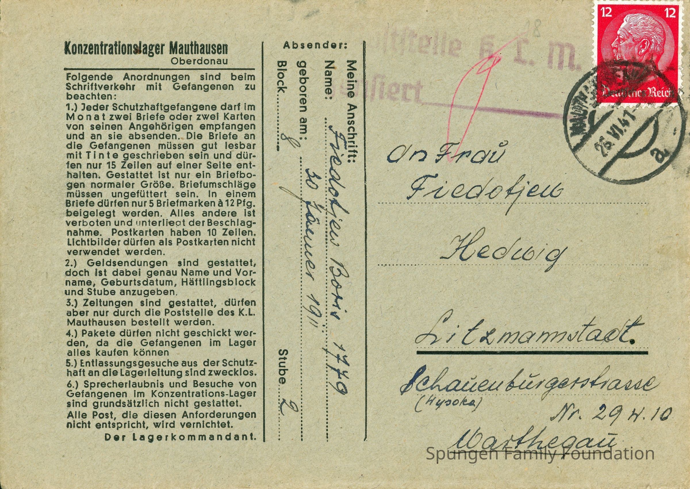 1941 June 26, Front side - Envelope from prisoner at Mauthausen concentration camp. 2007.4.6.a: Green envelope with printed German in black ink. Cursive handwriting in black ink is also present. Red 12-pfennig stamp in the top right corner depicting President Paul von Hindenburg facing to the left. Overtop, a cancellation stamp dated June 26, 1941 is present. Purple postal censorship stamp at the top center, signed by an individual using red ink.
