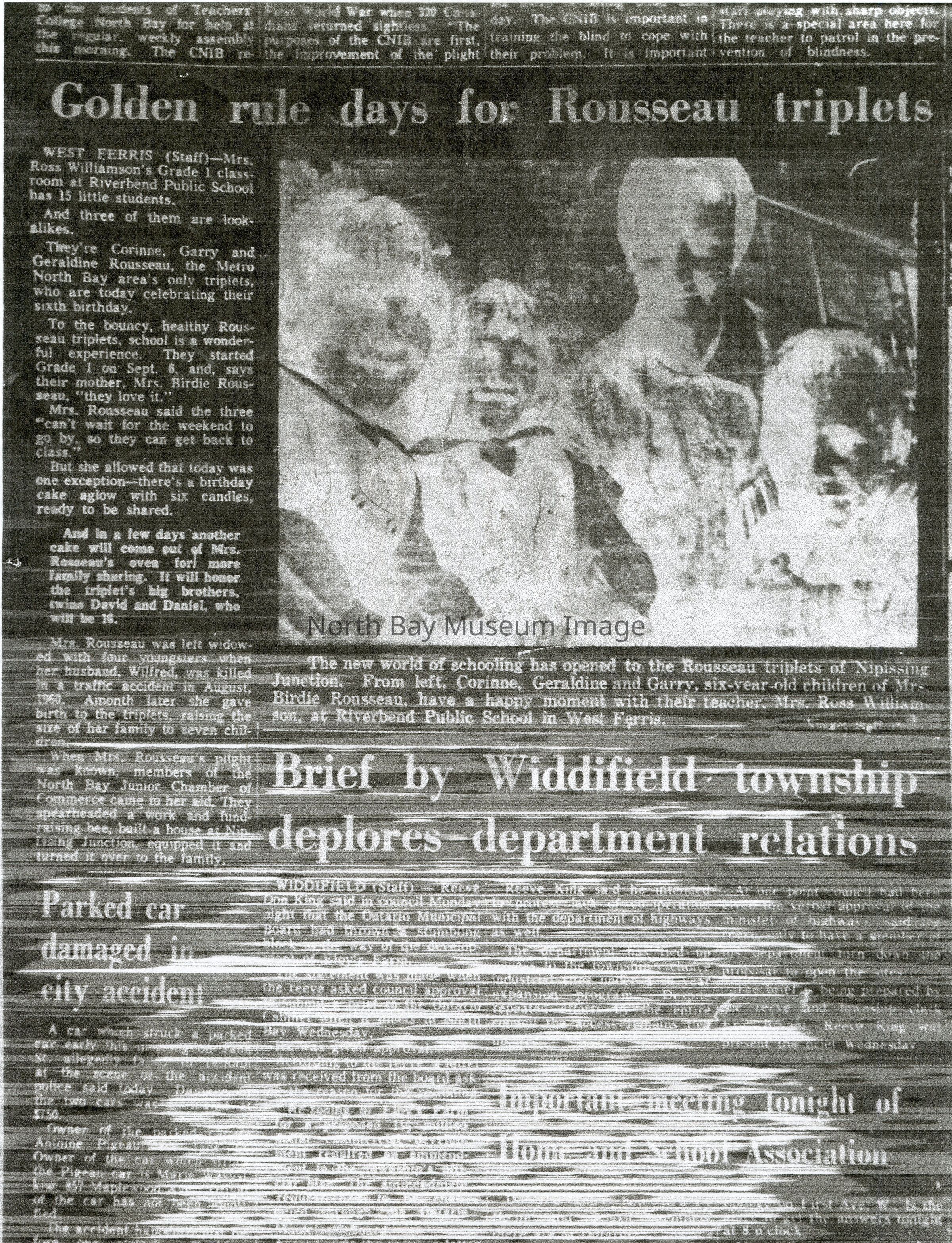 2025.01.032: A report on the Rousseau Triplets' sixth birthday and their newfound eagerness for school in Grade 1 as well as brief retrospective. Pictured from left, Corrine, Geraldine, Mrs Ross Williamson of Riverbend Public School, and Garry. This report from the Nugget has been reprinted in negative on regular stationary paper.