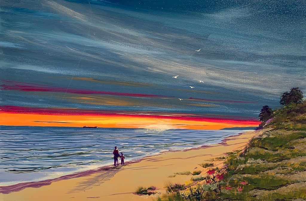 A vibrant painting depicts a serene beach during sunset, with a person and child walking along the shore, the sky ablaze with deep oranges, reds, and blues. Seagulls soar above, and a distant ship sails near the horizon. The gentle waves kiss the sandy beach, creating a peaceful scene at the end of the day.