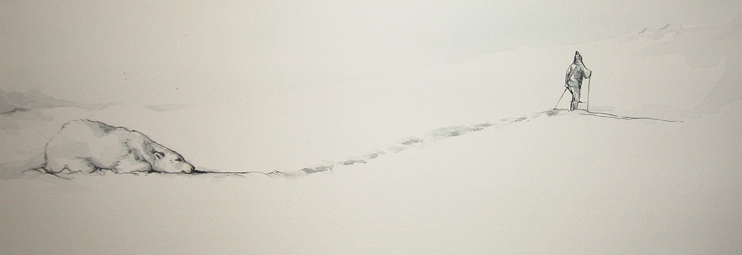 In a minimalist grayscale sketch, a solitary figure in warm clothing walks with a pole across a vast snowy landscape, following a winding trail of footprints leading past a resting polar bear, creating an introspective scene that evokes themes of solitude, exploration, and the coexistence of nature and humanity.