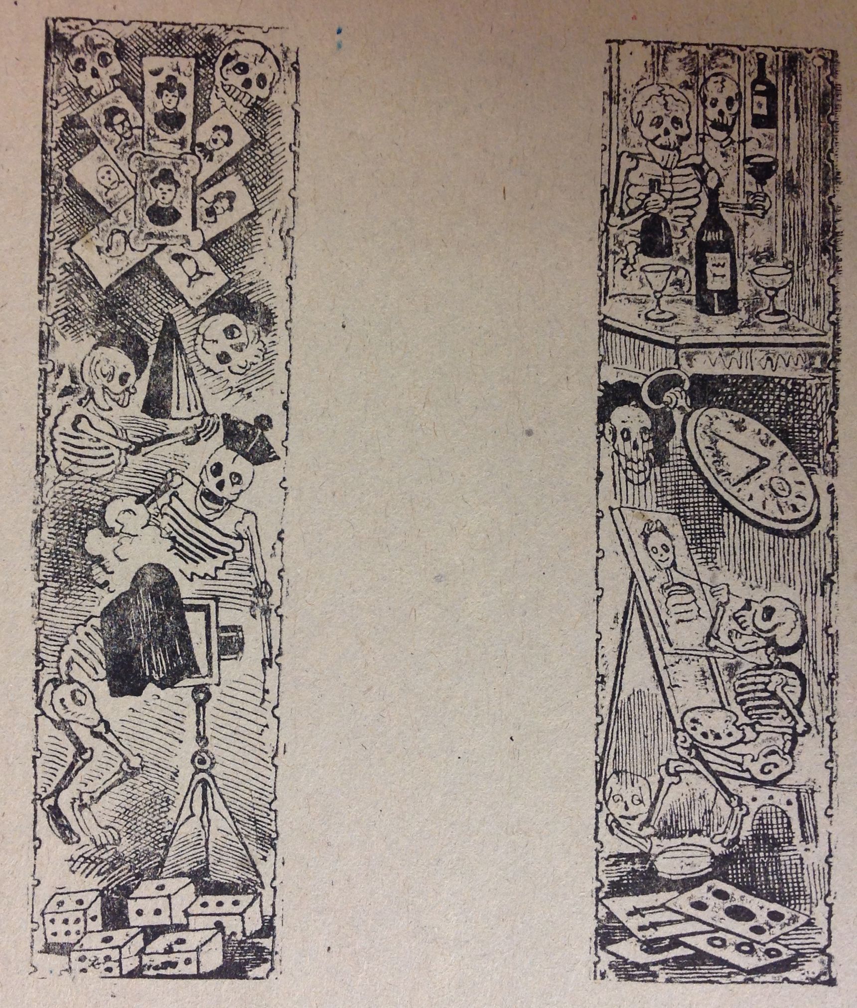 The image is a black-and-white illustration depicting two vertical panels filled with skeletons engaging in artistic activities. The left panel shows skeletons with a camera, surrounded by photographs and dice, suggesting a theme of photography and chance. The right panel features skeletons in a bar-like setting, with wine bottles, a watch and a skeleton painting at an easel.