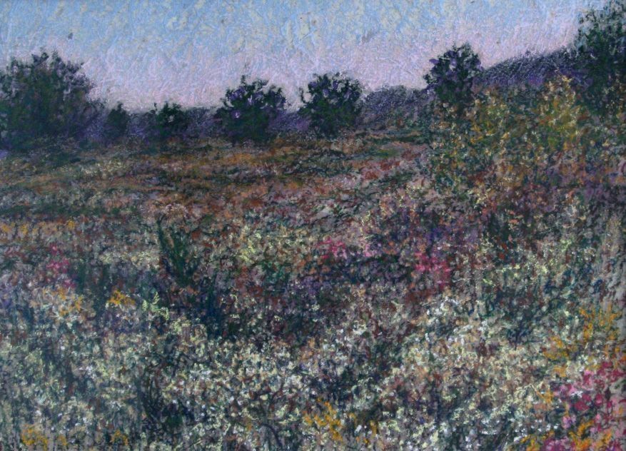The image depicts a serene meadow scene in a pastel painting style, featuring a soft blend of colors that evoke the natural beauty of a countryside landscape at twilight. The foreground is richly textured with an array of flowers and vegetation intermixed with earthy tones, while the background reveals a line of silhouetted trees against either a dawn or sunset sky.