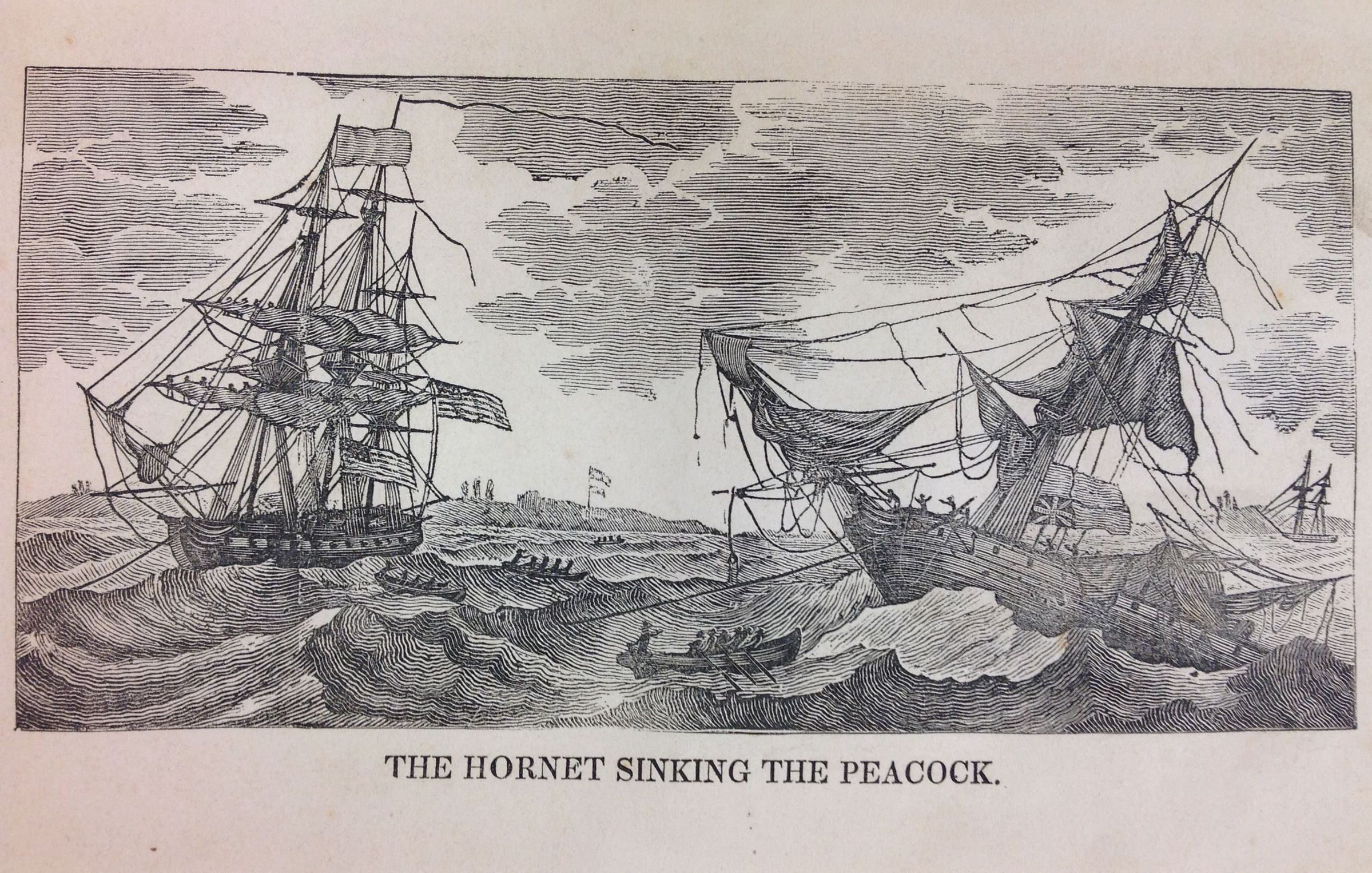 In a detailed engraving, two warships engage in naval combat amidst turbulent seas, with one ship, the Hornet, positioned on the left, while the other, the Peacock, tilts precariously on the right, its sails tattered. The scene captures sailors evacuating in lifeboats, looking perilously small on the raging sea.