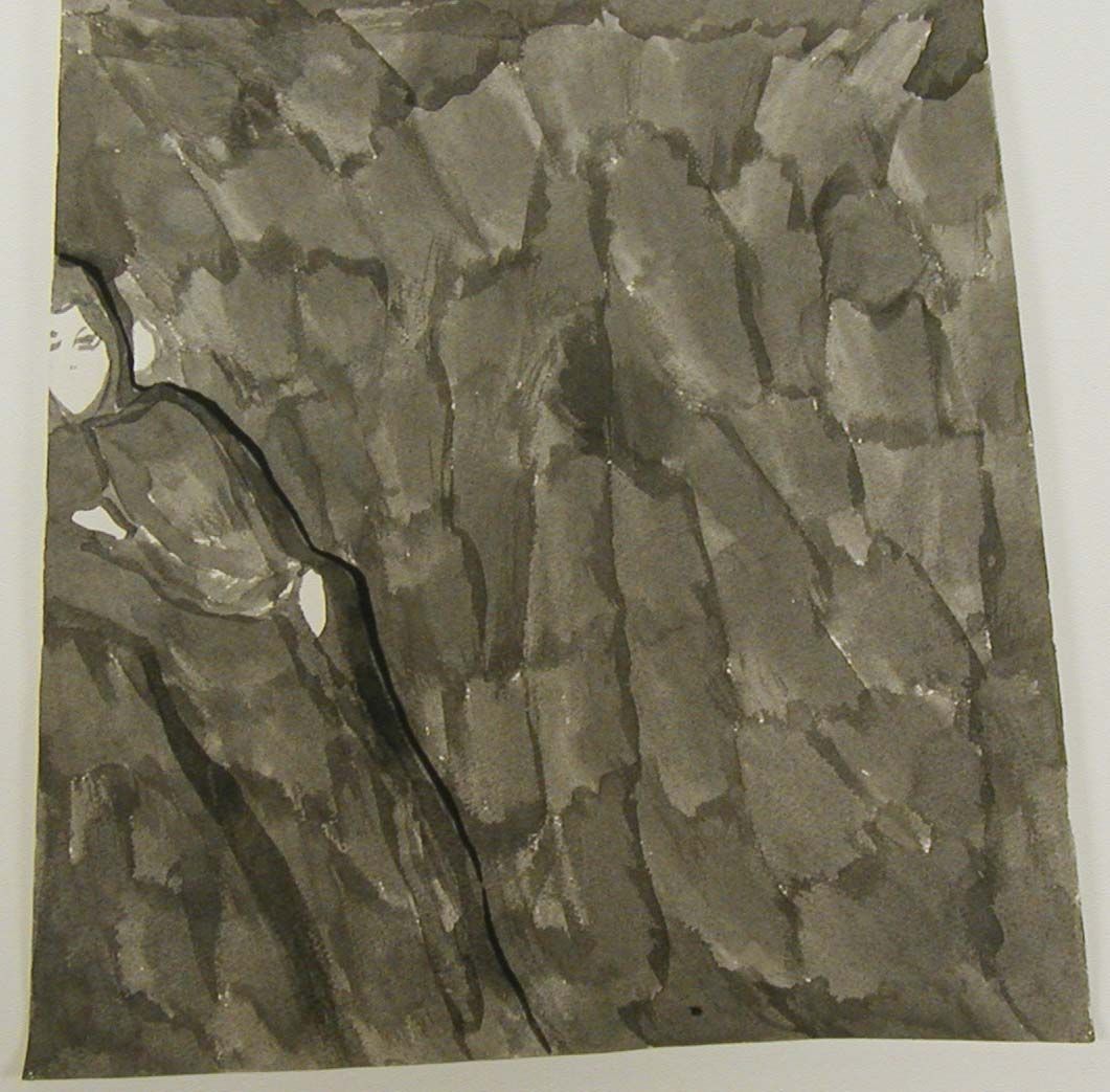 The image depicts a monochromatic watercolor painting featuring a cloaked figure partially visible on the left, blending into a textured, abstract background of dark gray tones, creating a mysterious and somber atmosphere. The brushwork suggests movement and depth, enhancing the feeling of shadow and enigma within the scene.