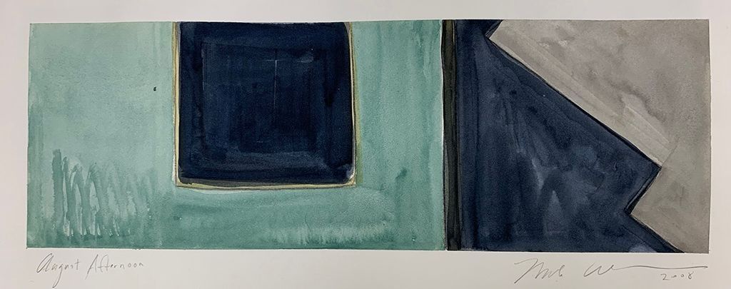 The image features an abstract painting titled "August Afternoon," showcasing a composition divided into two main sections. On the left, there is a predominantly teal rectangle with a dark navy square inside it, bordered with hints of muted gold. On the right, the color transitions into darker shades of navy and gray, cascading downward.