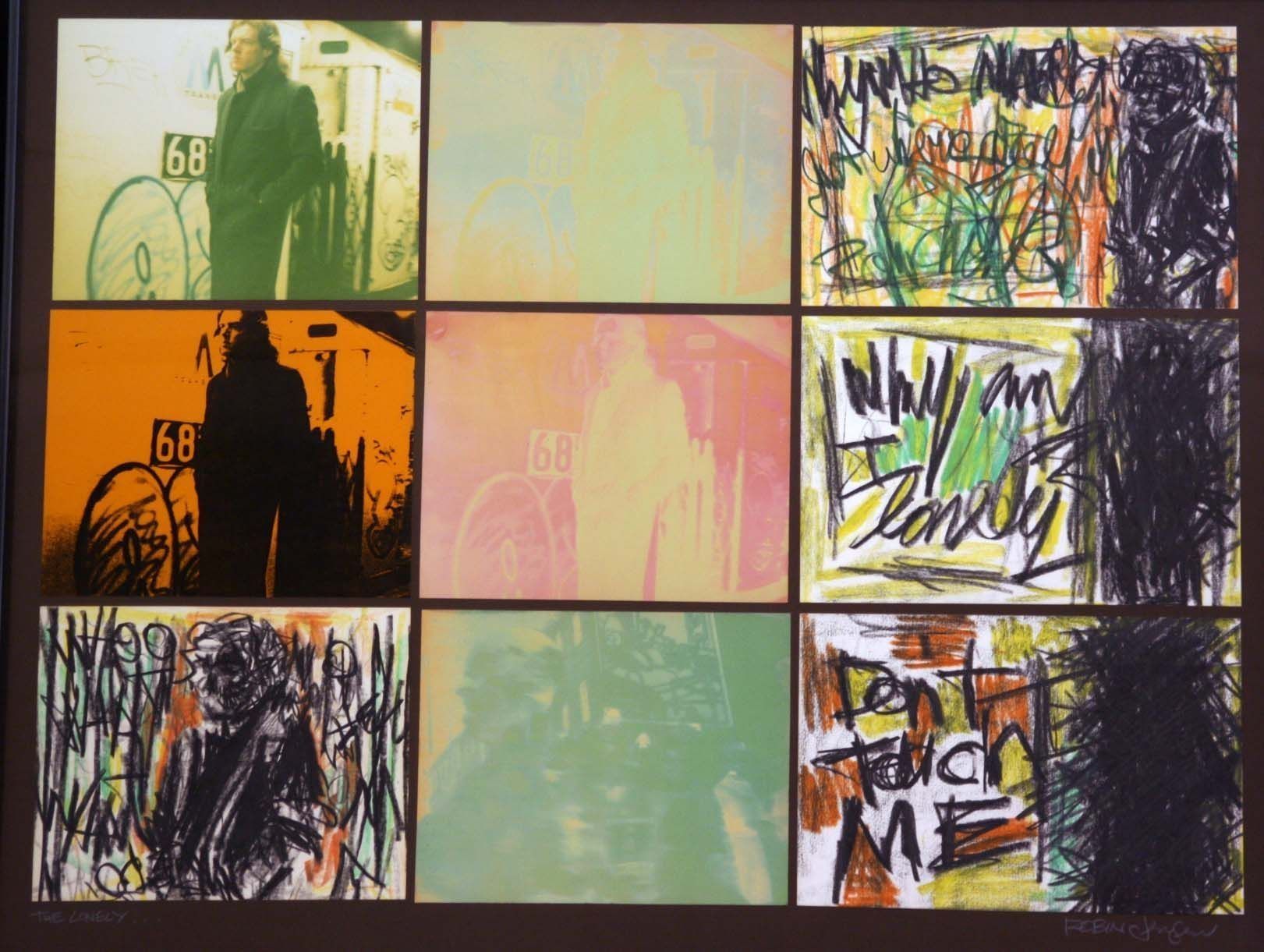 A composition of nine squares in a grid, each showing different artistic interpretations of a man standing in front of a graffiti-covered train car with the number 68. The image alternates between photography and abstract, colorful sketches featuring bold, scribbled text such as "Why am I lonely?" and "Don't Touch me."
