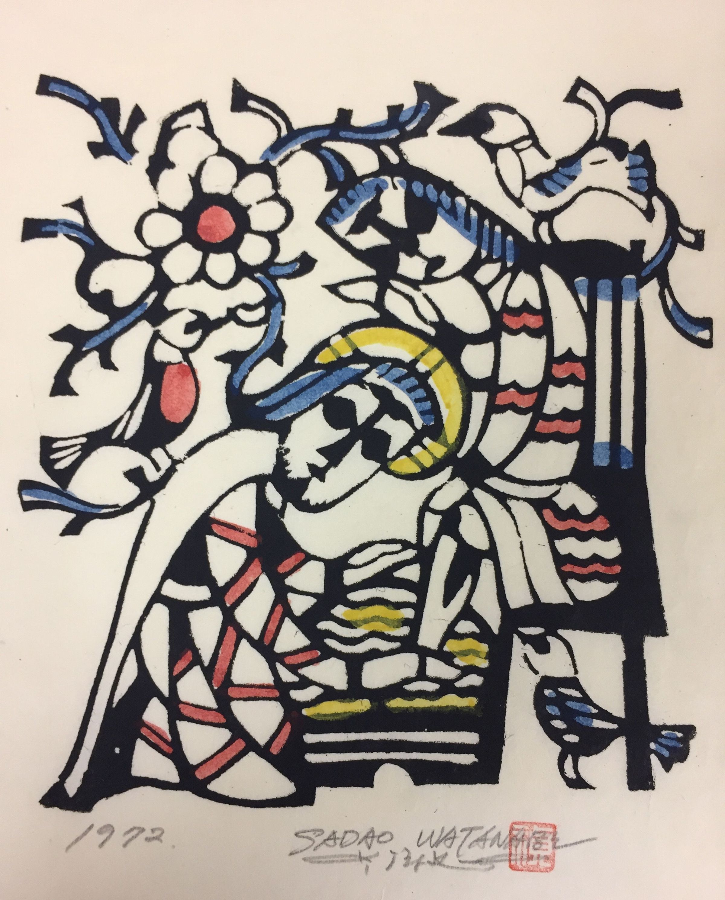 The image is a stylized and colorful artwork depicting the biblical scene of Jesus washing Peter's feet. It features strong use of black outlines, with accents of blue, red, and yellow forming the figures and decorative elements. The composition is intricate, with floral and abstract motifs surrounding the central figures.