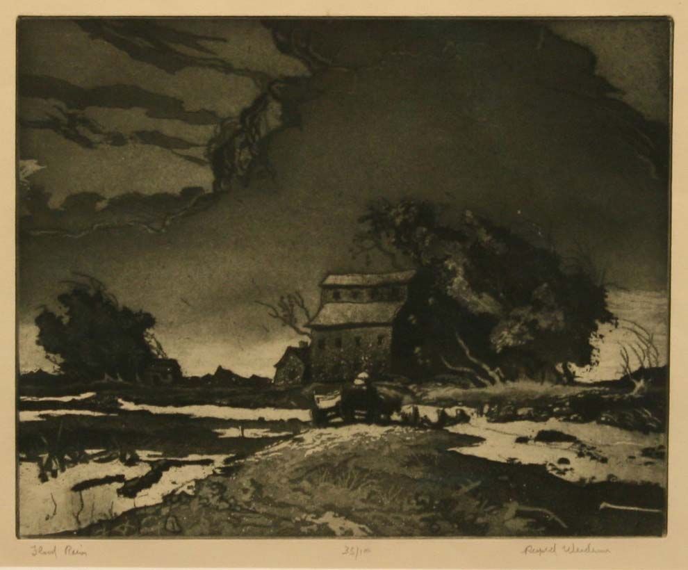 The image depicts a dark and atmospheric landscape, featuring an ominous sky with looming clouds over a rustic, isolated house surrounded by trees. The ground appears wet and muddy, possibly suggesting recent rainfall. The composition evokes a sense of solitude and mystery, enhanced by the dramatic use of shadows and light.