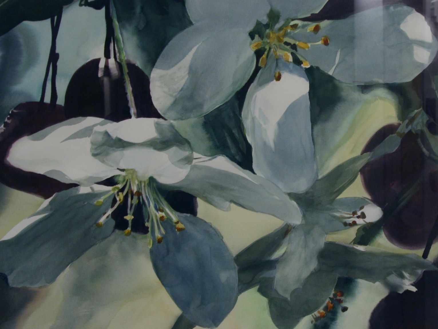 The image showcases a beautiful watercolor painting of crabapple blossoms, featuring delicate white petals tinged with soft green hues, highlighted by the intricate detailing of yellow and brown stamens, set against a blurred, harmonious background that enhances the blossoms' elegance and natural beauty.