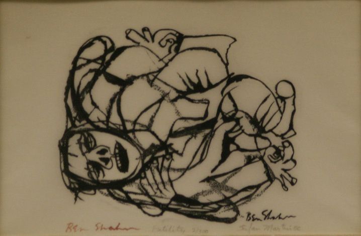The image is an abstract drawing in black ink that features a distorted human figure with exaggerated features, arms, and legs intertwined in a compact, tangled form. The face appears expressive, perhaps suggesting emotion or turmoil. The style is reminiscent of expressionist artwork, with heavy lines and bold outlines.