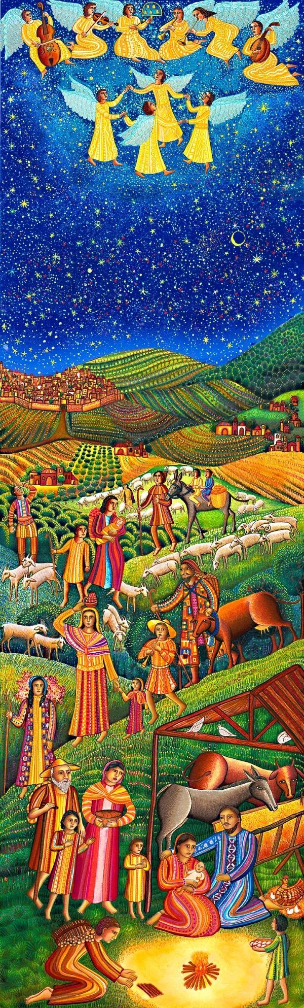 The image depicts a vibrant, colorful scene with a starry night sky where angels play instruments and dance above a lively rural landscape filled with rolling hills, crops, and a village. On the ground, people in traditional attire engage in various activities including tending to animals, conversing and gathering around the Holy Family.