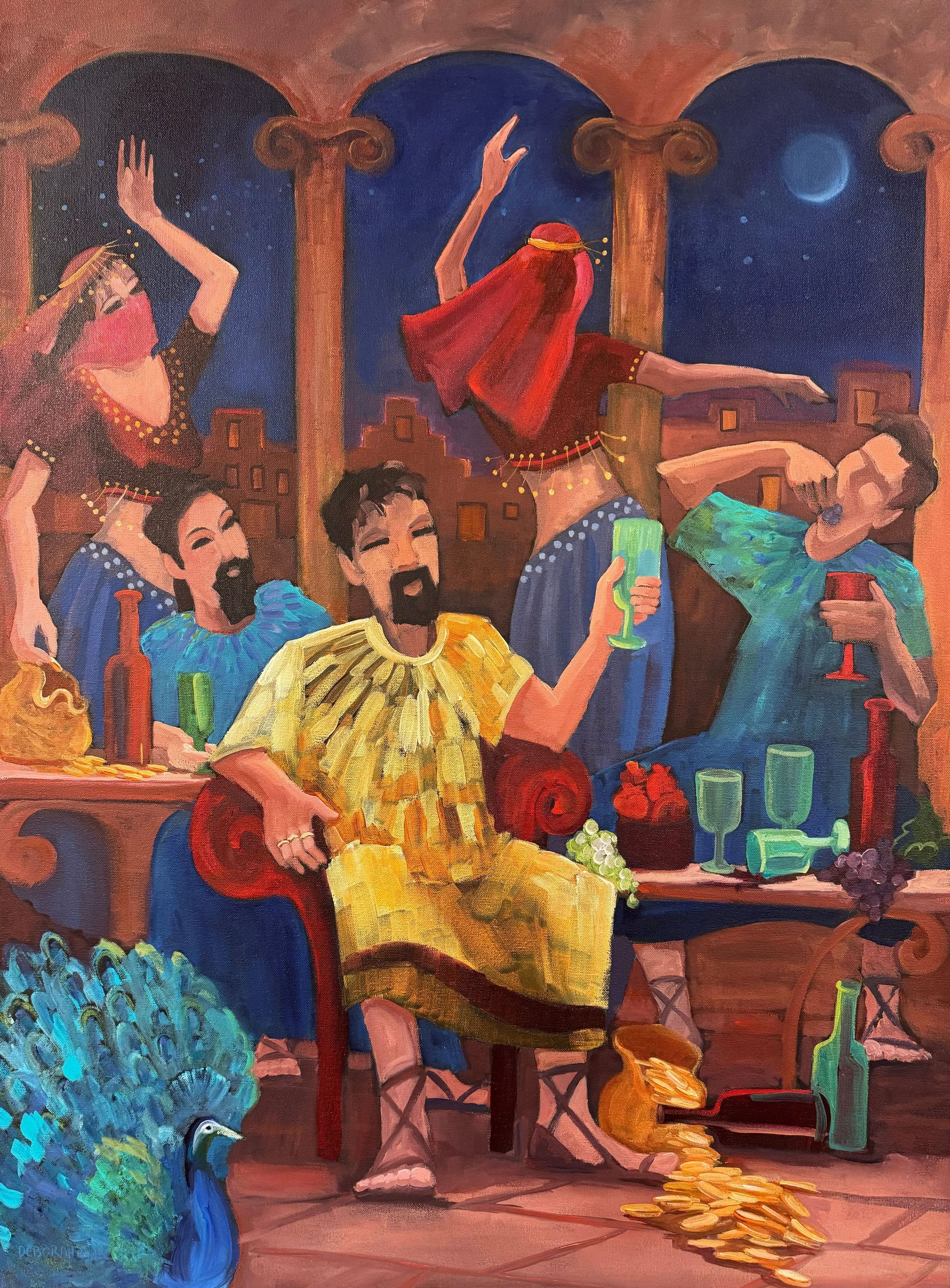 In a vibrant depiction of the Prodigal Son story, the painting portrays a lively scene where a bearded man joyfully holds a green goblet amidst opulent surroundings, featuring dancing women adorned in colorful attire, lush fruits and wine scattered across a lavish table, and a peacock gracefully positioned in the foreground, embodying the tale's themes of indulgence and youthful extravagance; the ornate columns in the background suggest a grand, night-lit setting, echoing an air of celebration and revelry.