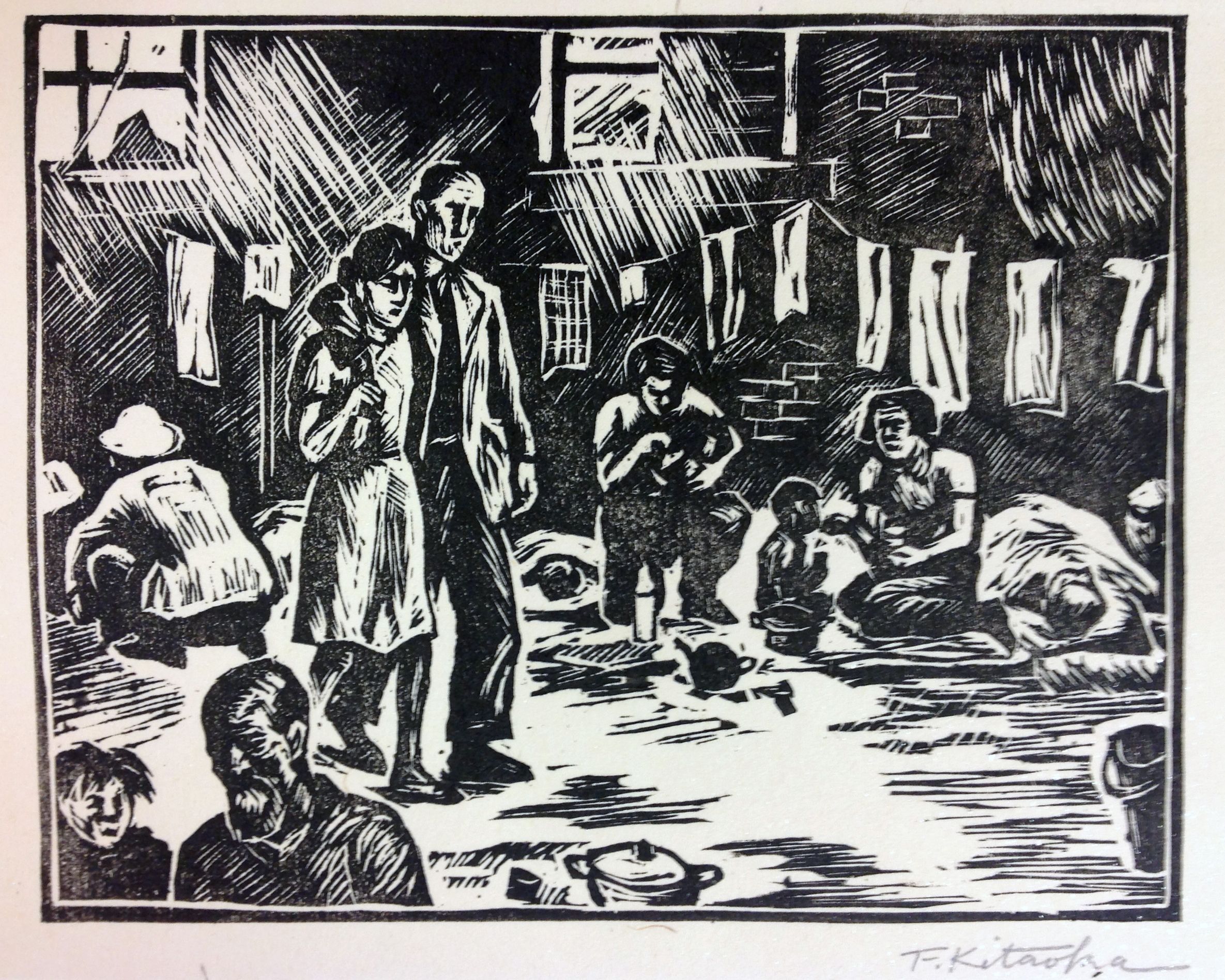 The black and white illustration depicts a somber scene with a man and woman walking through an area where people appear to be living in poverty. The background features individuals engaged in various activities such as sitting, lying down, or caring for children. Laundry hangs above, adding to the domestic yet melancholic atmosphere.