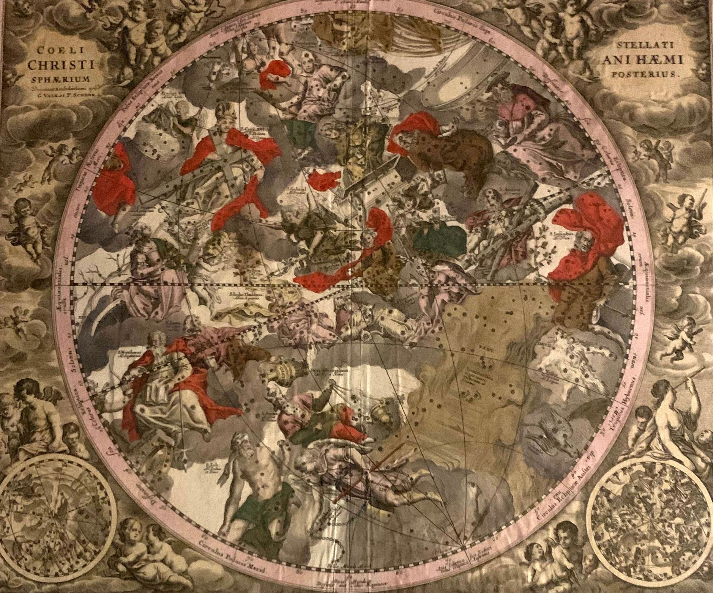 The image depicts an ornate celestial map, intricately illustrating constellations and figures, with mythological scenes in vivid, earthy tones. Surrounded by classical artwork, it blends art and astronomy from an era where science and mythology beautifully intersected, showing labeled stars against swirling clouds and thoughtful cherubs.