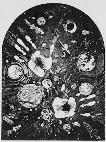 In this surreal illustration, a cosmic scene unfolds with planets, moons, and stars interspersed with handprints and abstract shapes. The artwork features various celestial bodies, including rings of Saturn, the textured surface of the moon, and swirling galaxies. Flowers and handprints are integrated into the cosmic landscape, adding a sense of mystery and intrigue.
