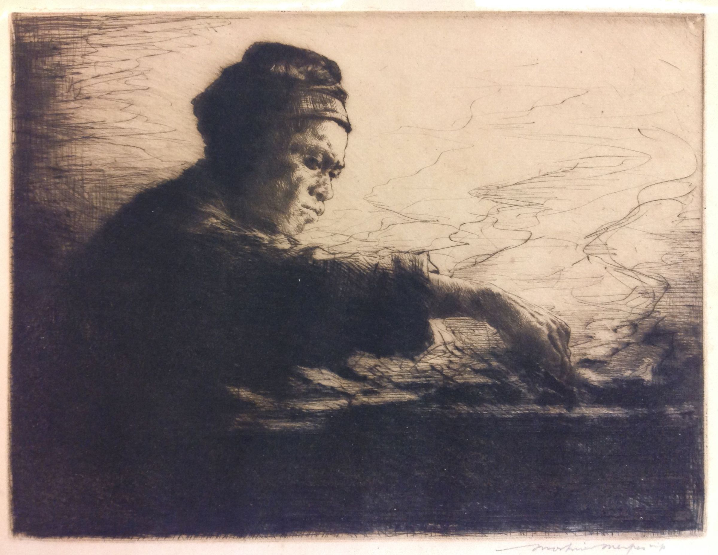 The image depicts a sepia-toned, detailed etching of a person deeply focused, leaning forward with a strong, intense expression, their arm extended, seemingly engaged in cooking. The shading and line work create a dramatic interplay between light and shadow, emphasizing the figure's concentration and creating a dynamic scene.