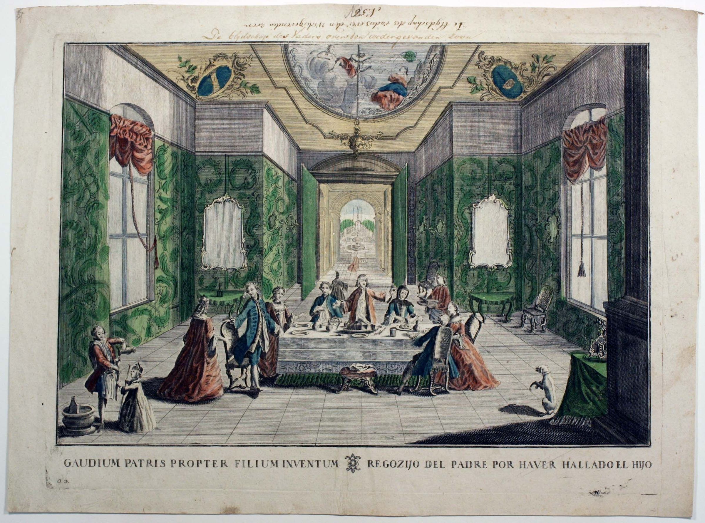 The image depicts an opulent dining scene set in a richly decorated room with green-patterned walls, large windows adorned with red curtains, and an ornate ceiling with a circular painting. Several elegantly dressed individuals, including men in blue and brown coats and women in elaborate gowns, are gathered around a lavish dining table covered with white cloth and various tableware. A sense of celebration and joy pervades the atmosphere, emphasized by lively body language and animated gestures. In the background, through a grand archway, a distant view of a garden or landscape is visible.