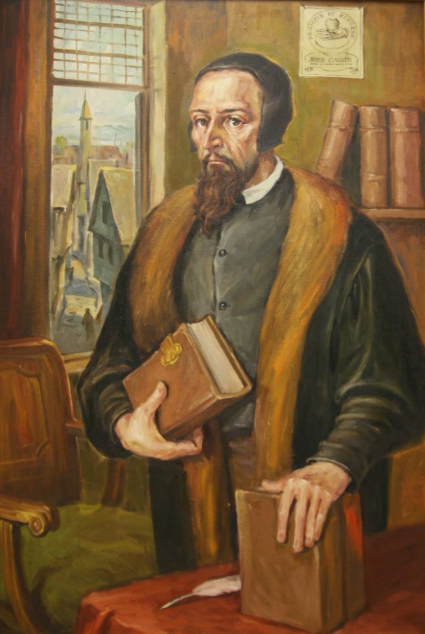 The painting likely depicts a historical figure resembling John Calvin, standing in an interior setting. He holds a book, wearing a black robe with a brown fur collar. Behind him, a window reveals a quaint townscape. Books and a paper, possibly a seal, are visible, suggesting a scholarly environment.