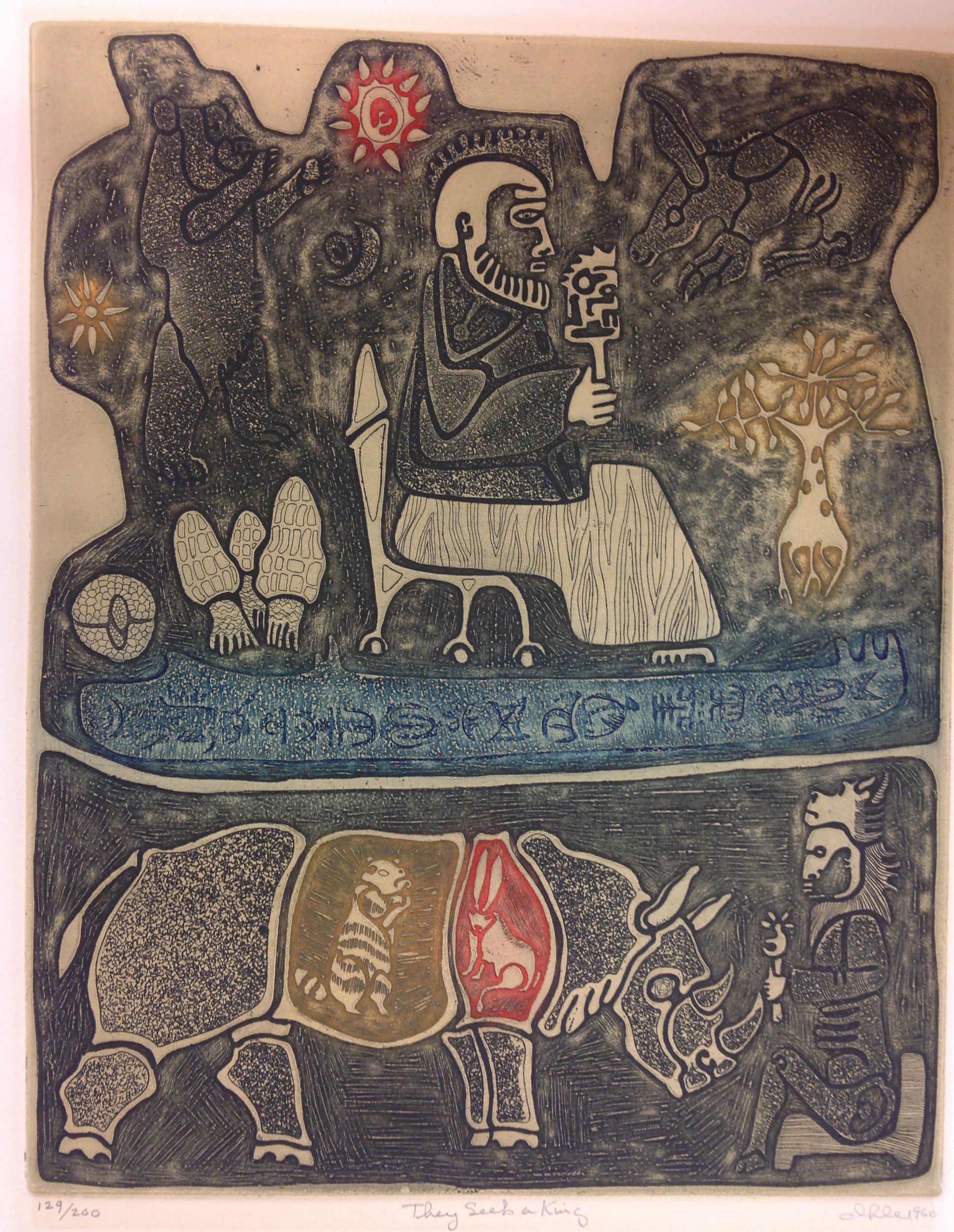 The artwork features a mythical scene with a crowned figure holding a scepter seated on a throne, surrounded by various animals and symbols, including a rhinoceros with patterned body sections. A tree and celestial symbols fill the background, adding a mystical atmosphere to the intricate composition.