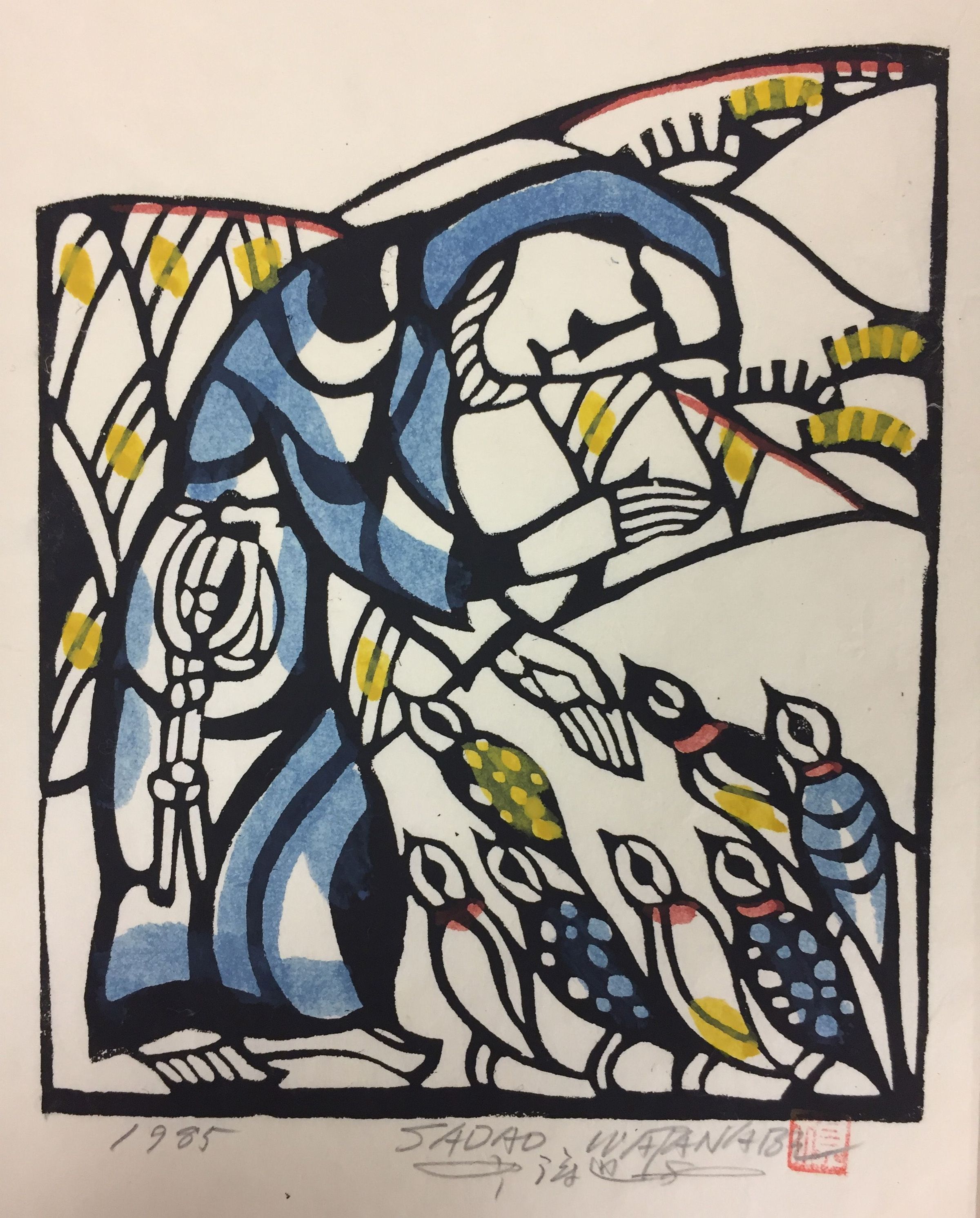 The image is a stylized depiction of St. Francis, portrayed in a blue robe, as he gently interacts with a group of colorful birds, surrounded by abstract yellow and black shapes. The artwork features bold outlines and vibrant contrasts, emphasizing an impressionistic approach to the saint's compassionate connection with nature.