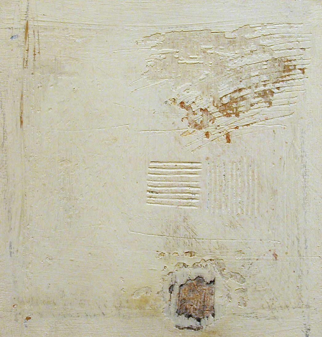 The image depicts an abstract painting with a primarily white background featuring textured patterns and subtle linear details. Various patches of color and roughened areas add an intriguing depth, creating an impression of layered complexity. Overall, the painting's minimalistic and textured style invites thoughtful interpretation and reflection on its subtle intricacies.