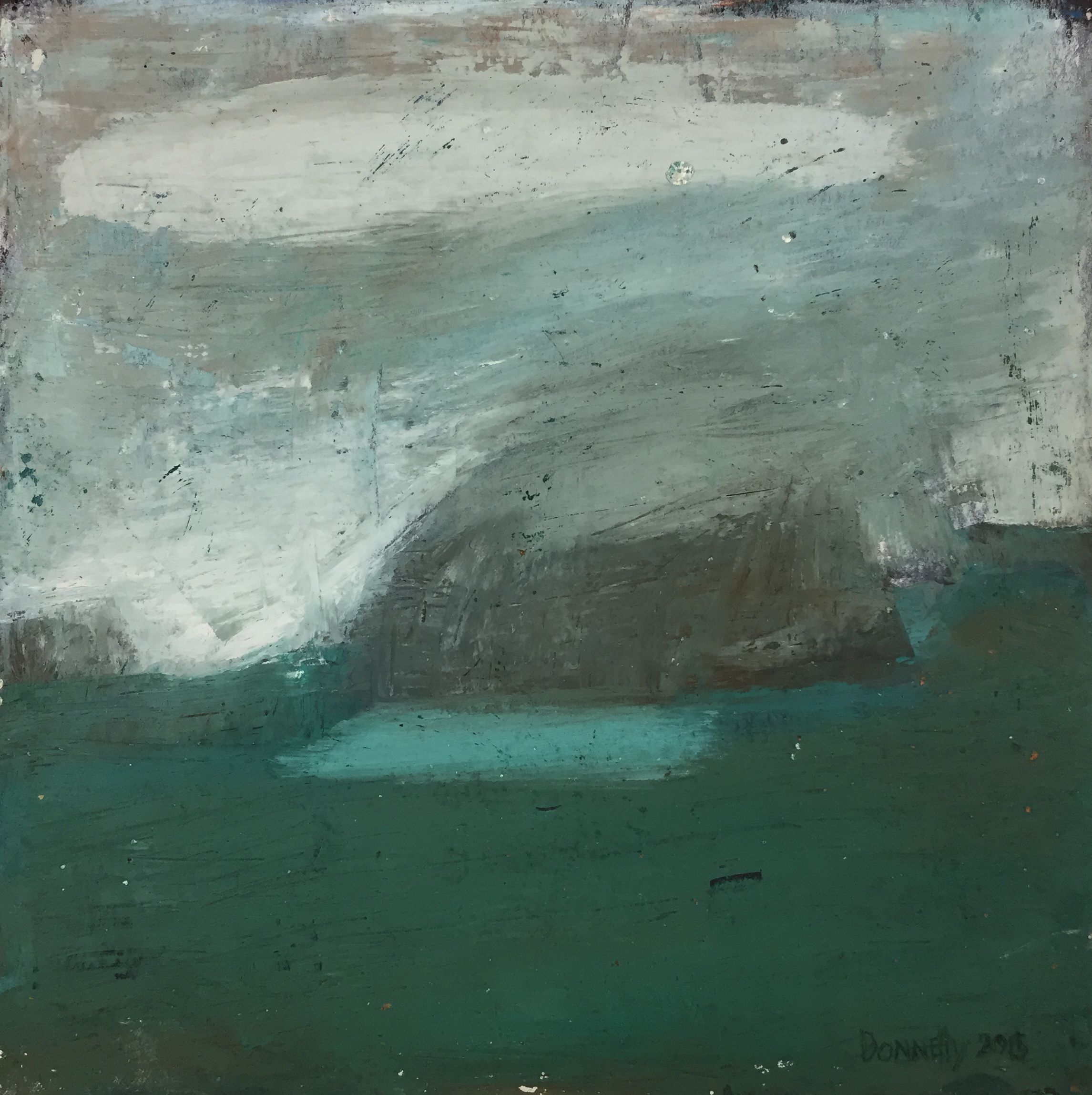 The painting features an abstract landscape with a soothing blend of earthy green and soft white brushstrokes, creating a serene atmosphere reminiscent of misty natural scenery. The subtle variations in tone and texture convey depth and tranquility, while the composition’s abstract nature invites viewers to interpret the scene in their own unique way.