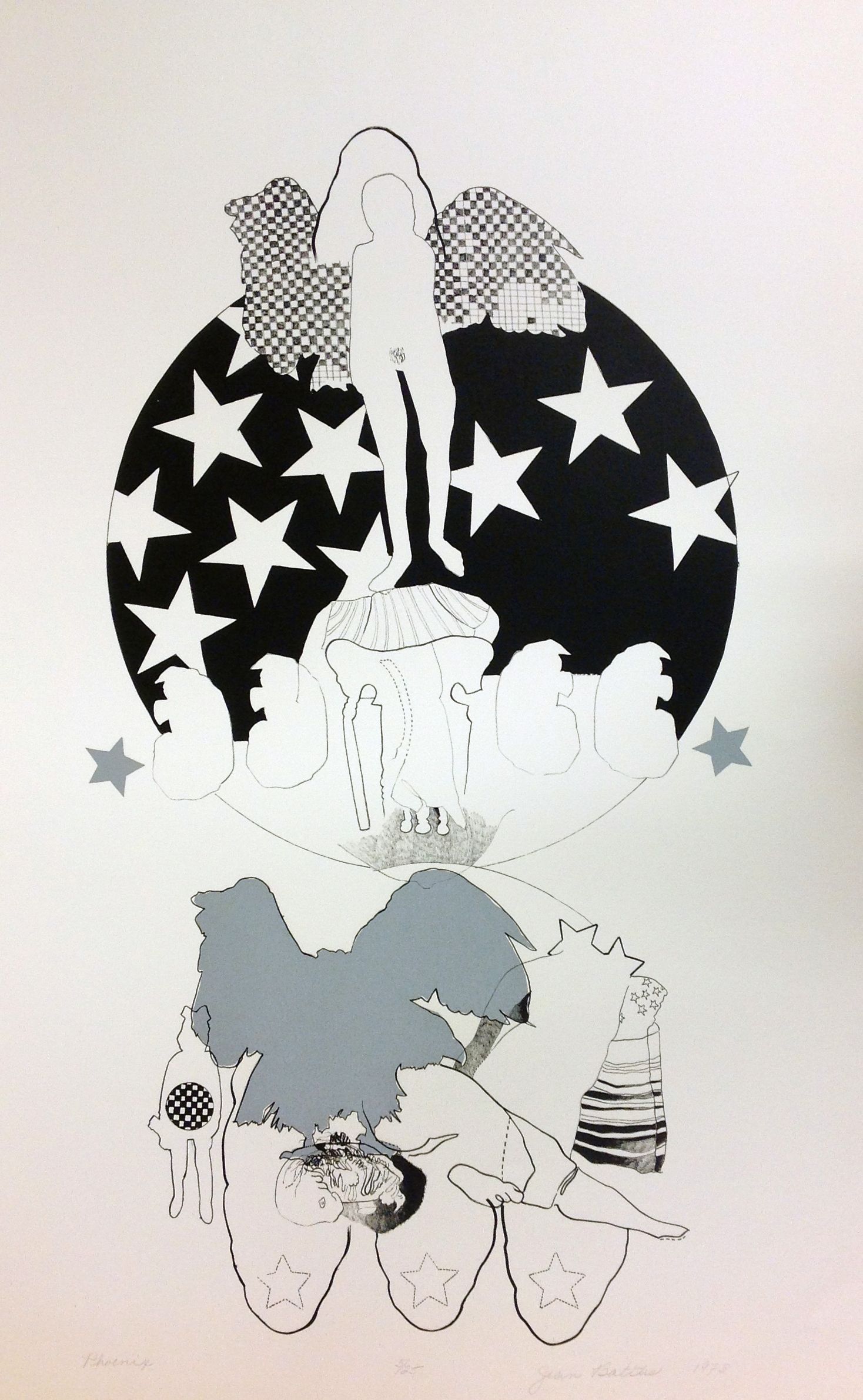 The image features a surreal composition with a figure standing on a shell, set against a starry circular backdrop. A checkerboard pattern creates a winged effect behind the figure, with various abstract elements surrounding it. Below, there are more abstract shapes, including human and animal forms, with a combination of lines and patterns.