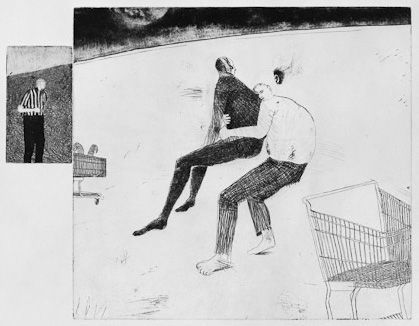 In this intriguing artwork, two individuals are depicted in a surreal setting; one person, shown without shoes, appears to be carrying another whose features are more shadowed and elongated, suggesting an abstract, dreamlike quality. This larger scene is complemented by a smaller inset in the upper left corner, where a person wearing a vertically striped shirt watches on.
