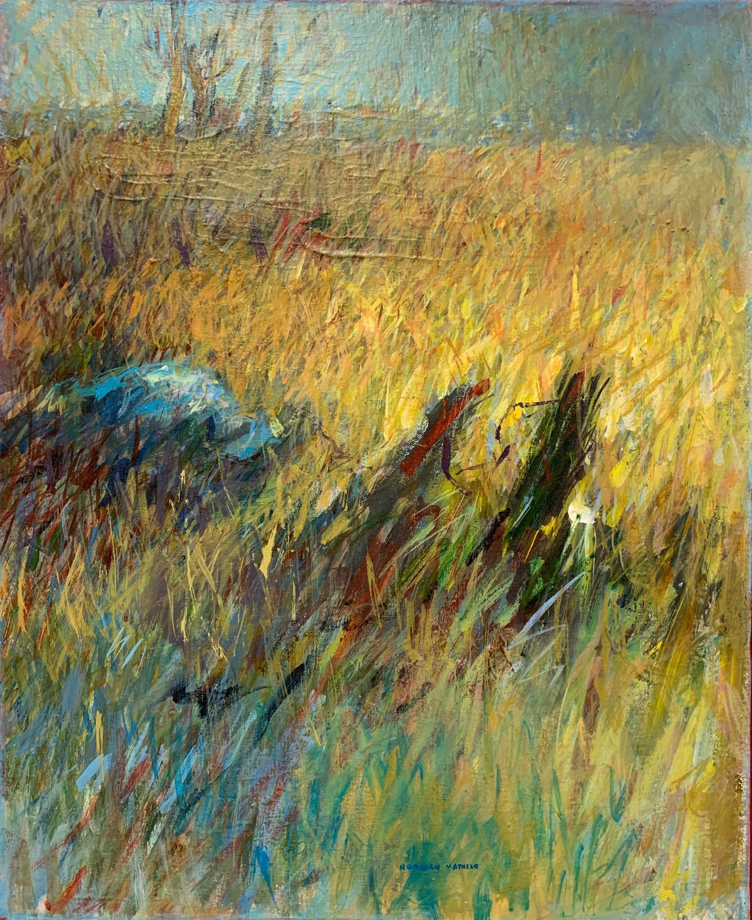 The painting depicts a vibrant, impressionistic landscape dominated by tall, golden grasses swaying gently in the wind. In the background, blurry outlines of trees reach towards a soft, blue sky. The foreground is an explosion of colors—yellows, greens, blues, and reds—blending together creating both color and texture harmony.