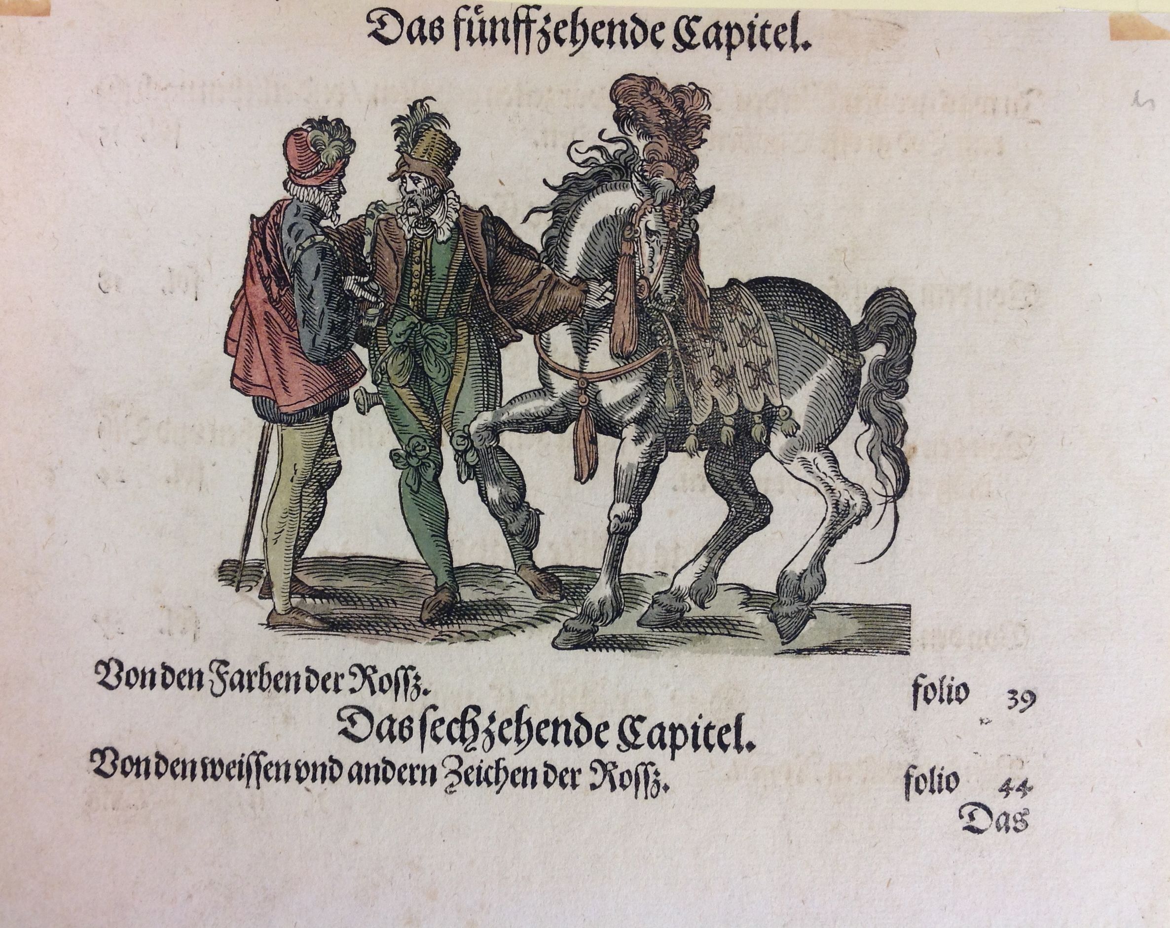 The image depicts a vintage illustration featuring two men in period clothing standing beside a horse, with one man holding the bridle while the other gestures expressively. Both men wear elaborate attire typical of their era, including feathered hats and detailed tunics. The horse, which appears well-groomed and trained.