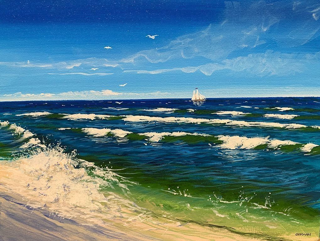 In this vibrant painting, a picturesque seascape unfolds with rolling waves crashing gently onto a sunlit shore, while a luminous blue sky stretches above, adorned with a few scattered clouds and soaring birds; a solitary sailboat gracefully glides across the distant horizon, capturing the peaceful essence of a serene summer's day.