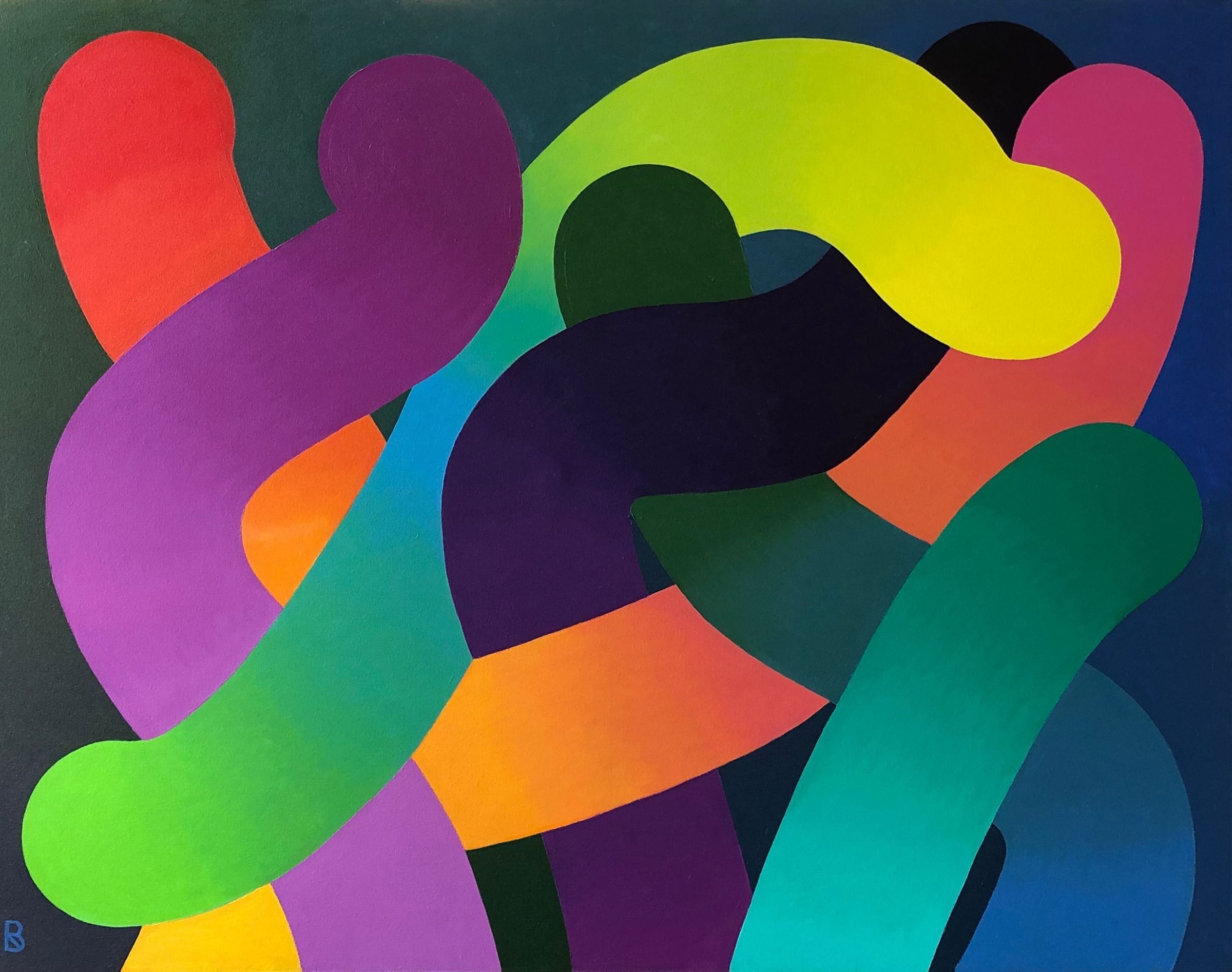 The image is a vibrant, abstract painting featuring a complex, interwoven array of bold, curving shapes, each rendered in vivid hues including red, purple, green, yellow, pink, orange, and blue. The intertwining elements create a dynamic sense of movement and depth, blending seamlessly against a dark green background.