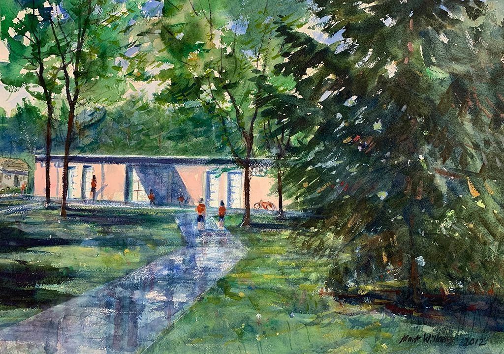 In this watercolor painting, a serene pathway leads through a lush, green landscape surrounded by tall trees, guiding the viewer toward a modern flat-roofed building in the background, where a few people are engaging in leisurely activities against the backdrop of soft, natural light filtering through the leaves.