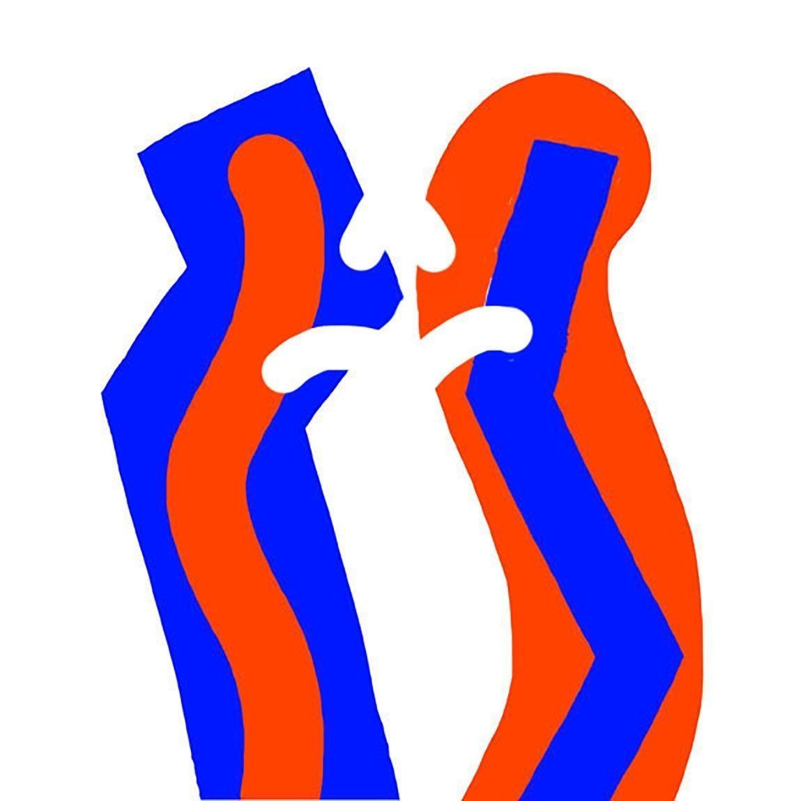 The image features a bold and abstract design with two stylized, intertwined figures facing each other, composed of smooth, flowing lines in vibrant blue and orange hues against a clean, white background, creating a striking visual contrast and conveying a sense of connection and interaction between the forms.