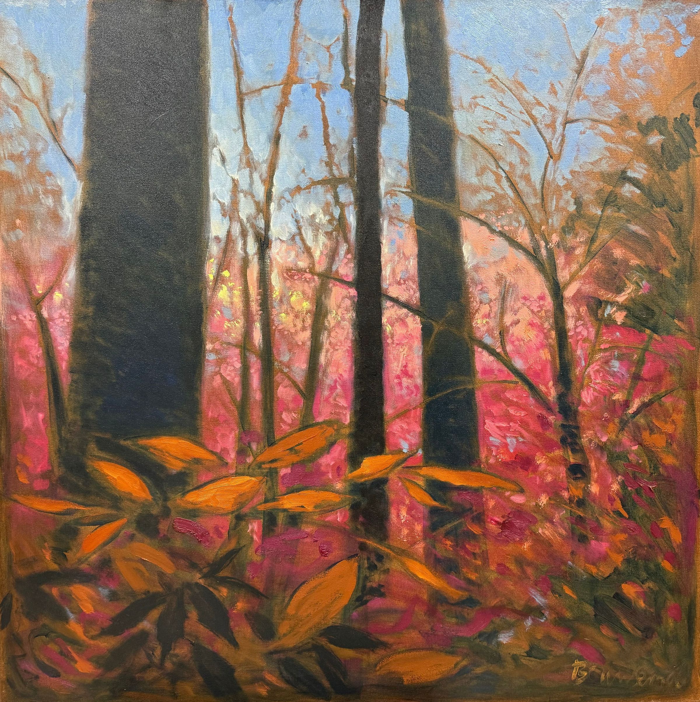In this painting, tall, dark trees rise against a backdrop of vibrant pink and orange foliage, creating a striking contrast with the bright blue sky visible through their branches. The foreground is filled with rich, golden leaves that add warmth to the scene, reflecting the enchanting colors of a dense autumn forest.
