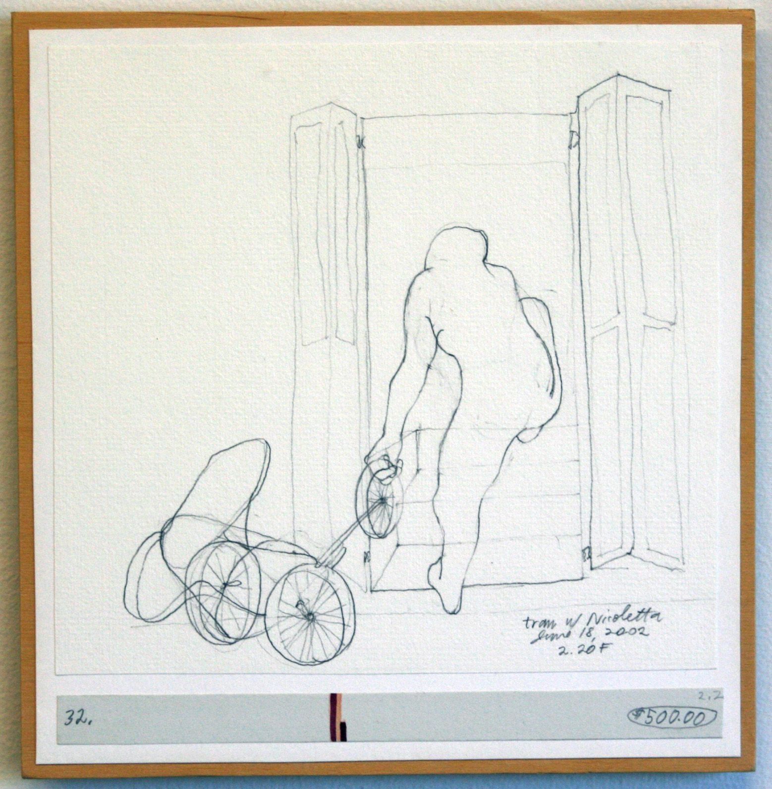 The image features a minimalist line drawing of a figure stepping through a doorway, pulling a baby stroller, set against a stark background. The sketch is executed with simple pencil lines, bringing attention to the contours and posture of the person. The stroller, with clearly defined wheels, enhances the composition's focus to the foreground.