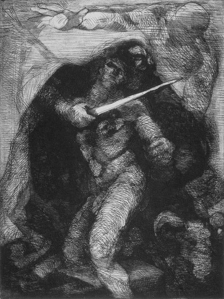 The artwork depicts the dramatic biblical scene of the Sacrifice of Isaac, where Abraham is poised with a knife in hand over Isaac, embodying intense emotion and tension. Isaac lies exposed and vulnerable, depicting fear and resignation as Abraham prepares for the ultimate act of faith before divine intervention.