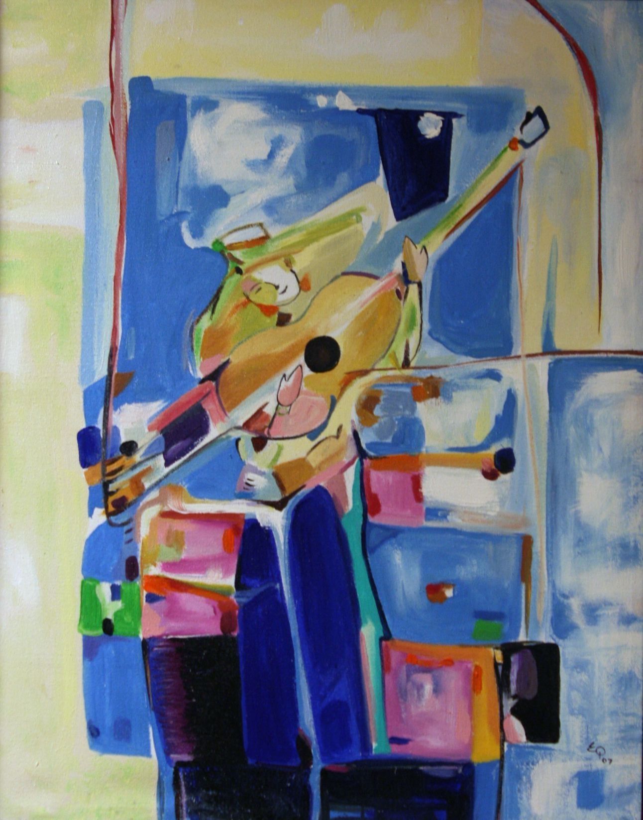 This abstract painting features a colorful, geometric composition that depicts a person playing a guitar, with vivid blues, yellows, pinks, and greens blending seamlessly. The guitarist, created with bold shapes and expressive brushstrokes, appears immersed in the music, while the background includes dynamic patterns that complement the foreground.