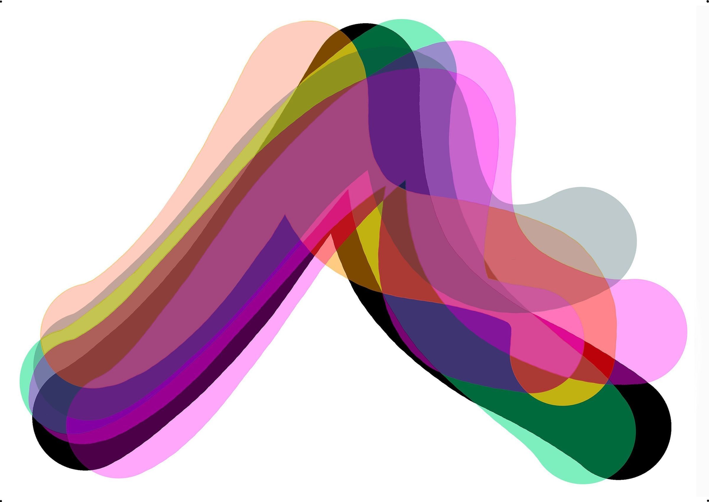 In this vibrant abstract image, a collection of overlapping, translucent shapes in diverse colors such as pink, purple, green, and black, form a dynamic composition resembling a mountainous structure. The overlapping layers create a sense of depth and fluidity, while the colorful palette evokes a playful and energetic mood.