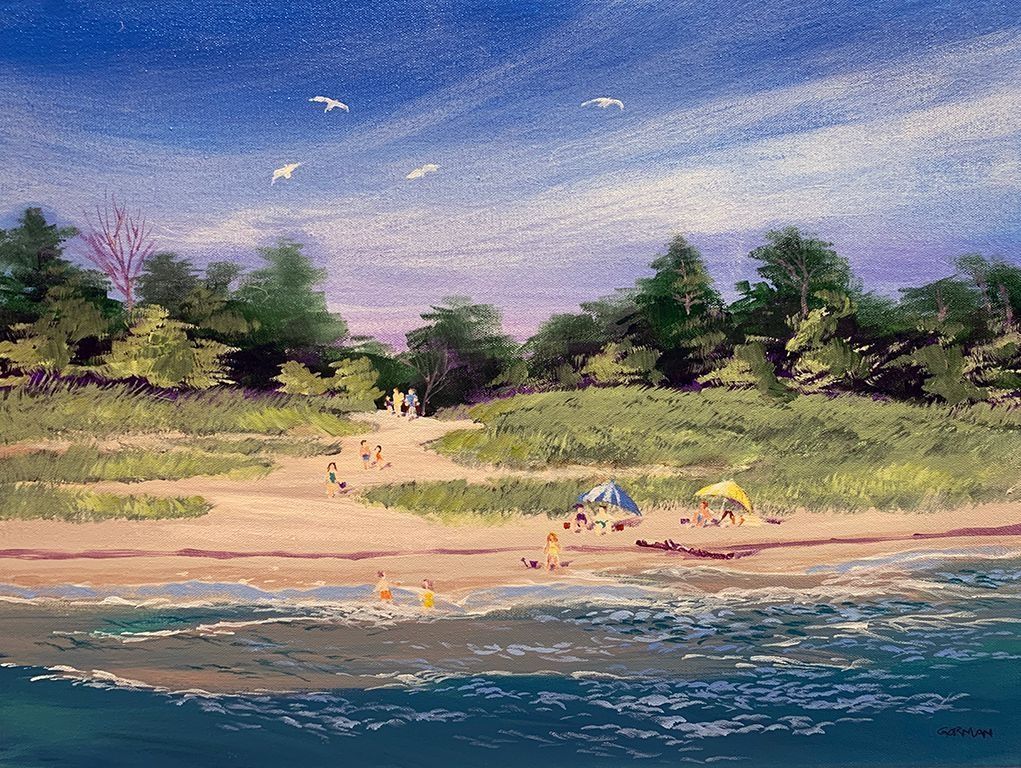 The painting depicts a vibrant beach scene with several people relaxing near the shore, shaded by colorful umbrellas, while some individuals enjoy swimming in the sparkling ocean waves. The sky is painted in shades of blue and purple, with fluffy white clouds and seagulls soaring gracefully above. Tall trees and lush greenery form a lush backdrop.