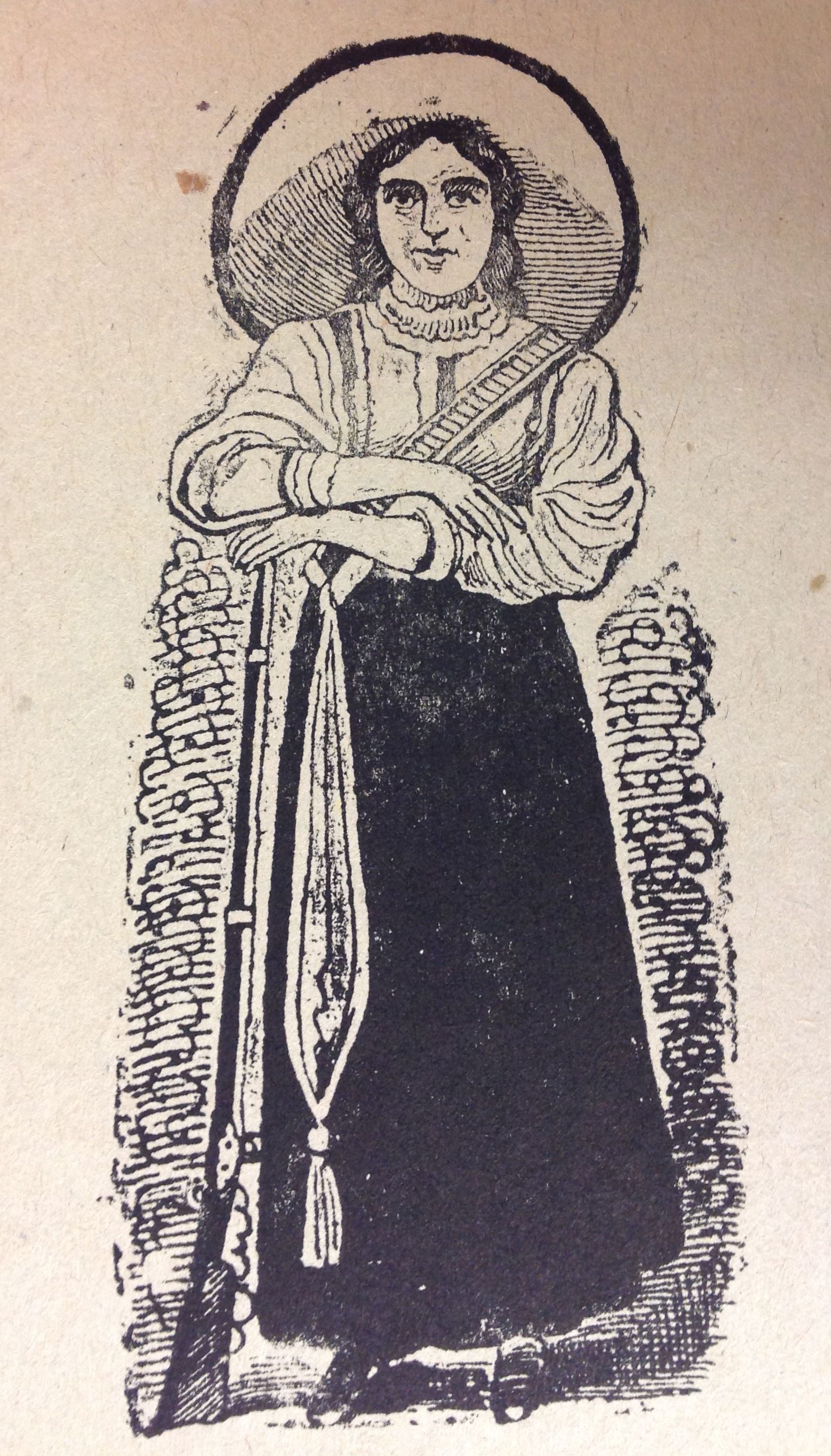 The image is an old-fashioned black and white illustration of a person wearing a large hat and traditional clothing, standing confidently with a bandolier across their chest, one arm resting on a long rifle, and surrounded by ornate decorative elements, giving a sense of historical significance and cultural richness.